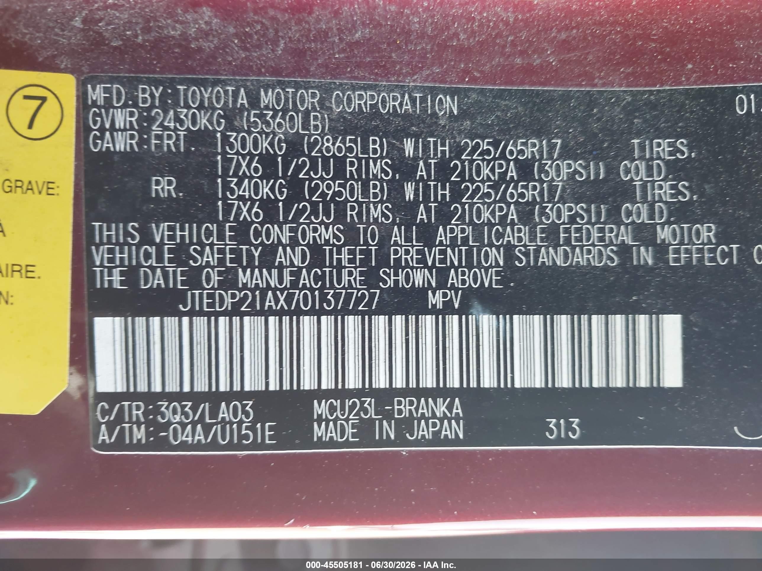 2007 Toyota Highlander Limited W/3rd Row Red vin: JTEDP21AX70137727