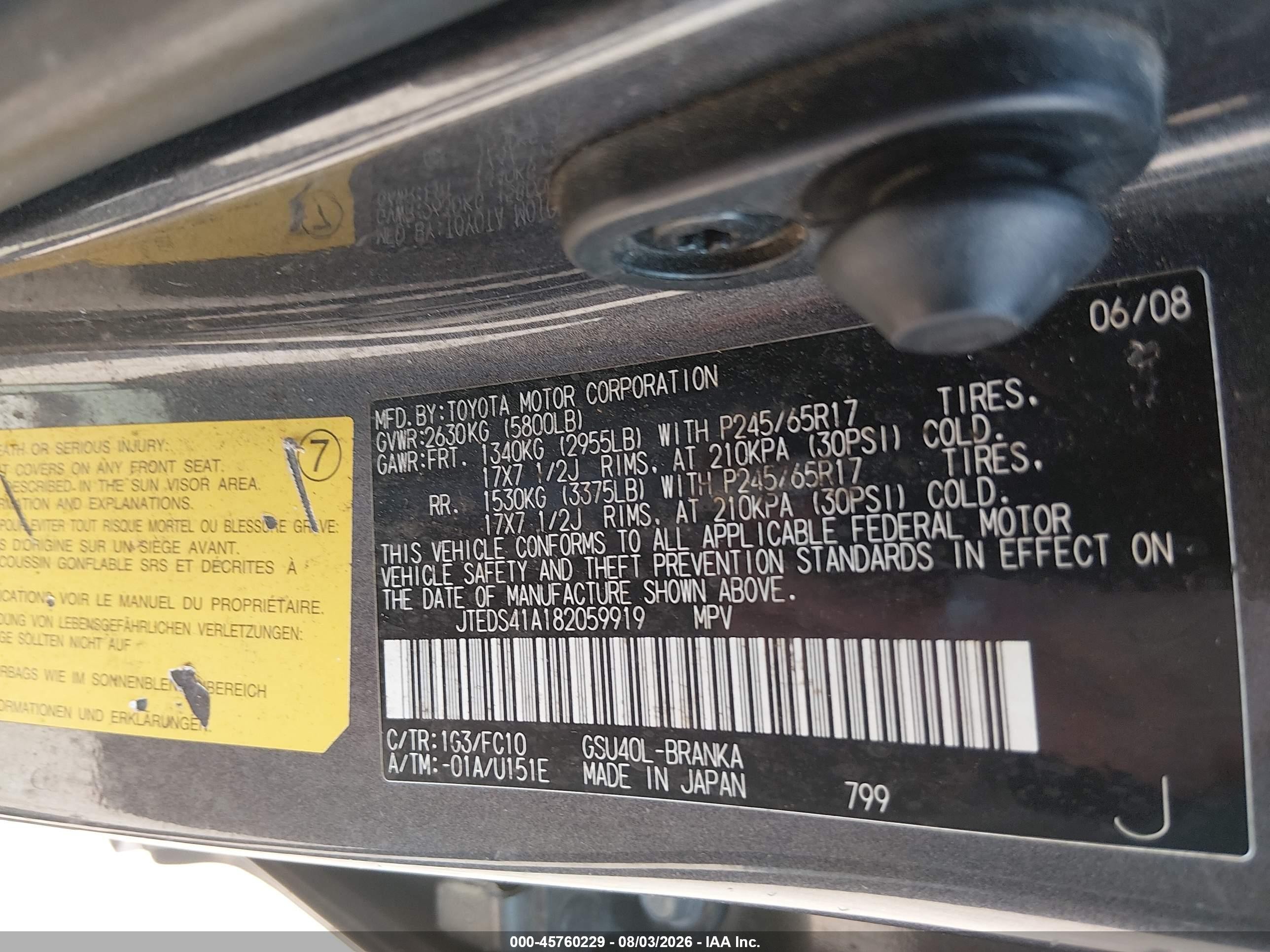 2008 Toyota Highlander   Gray vin: JTEDS41A182059919