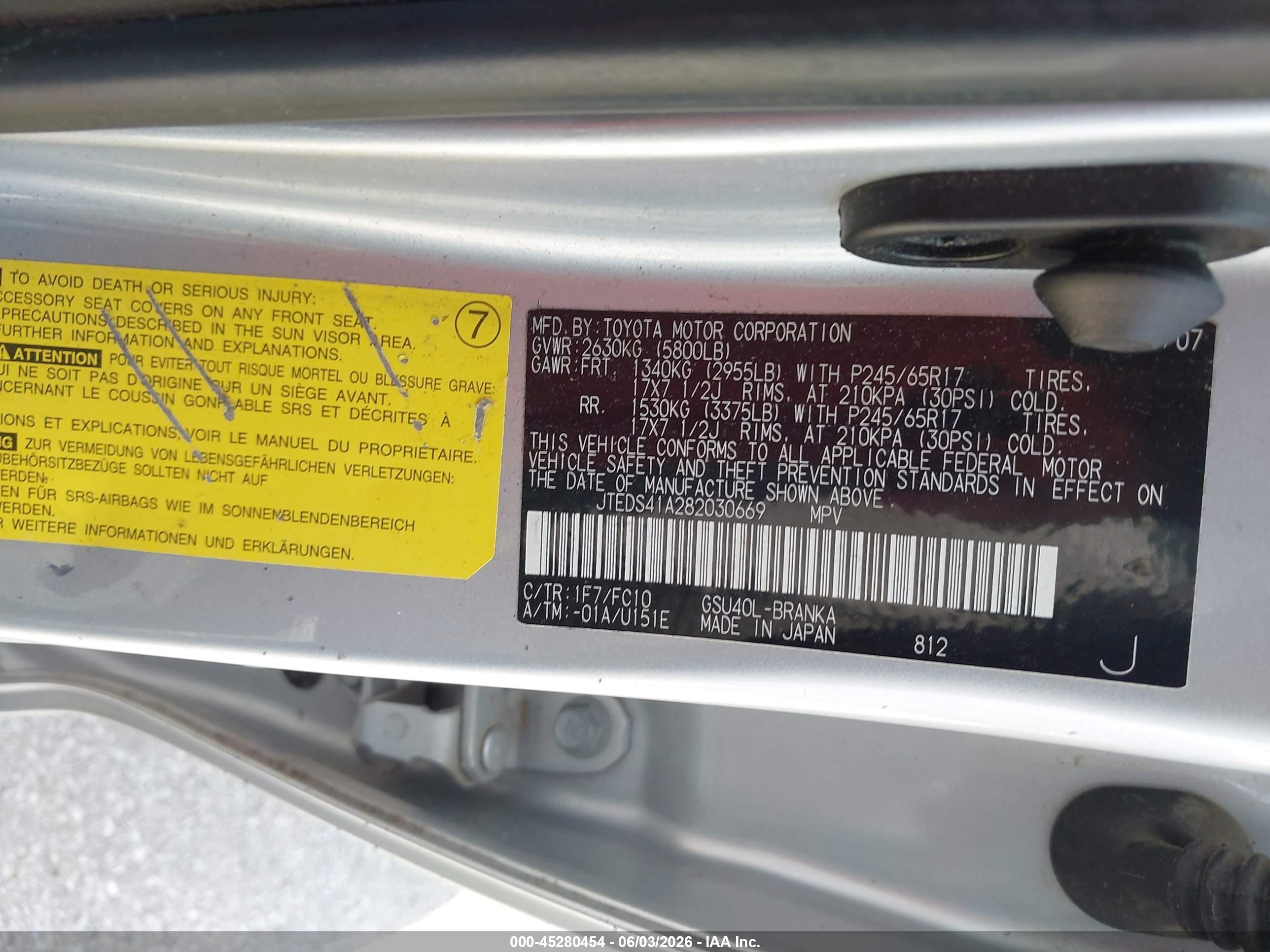 2008 Toyota Highlander   Gray vin: JTEDS41A282030669
