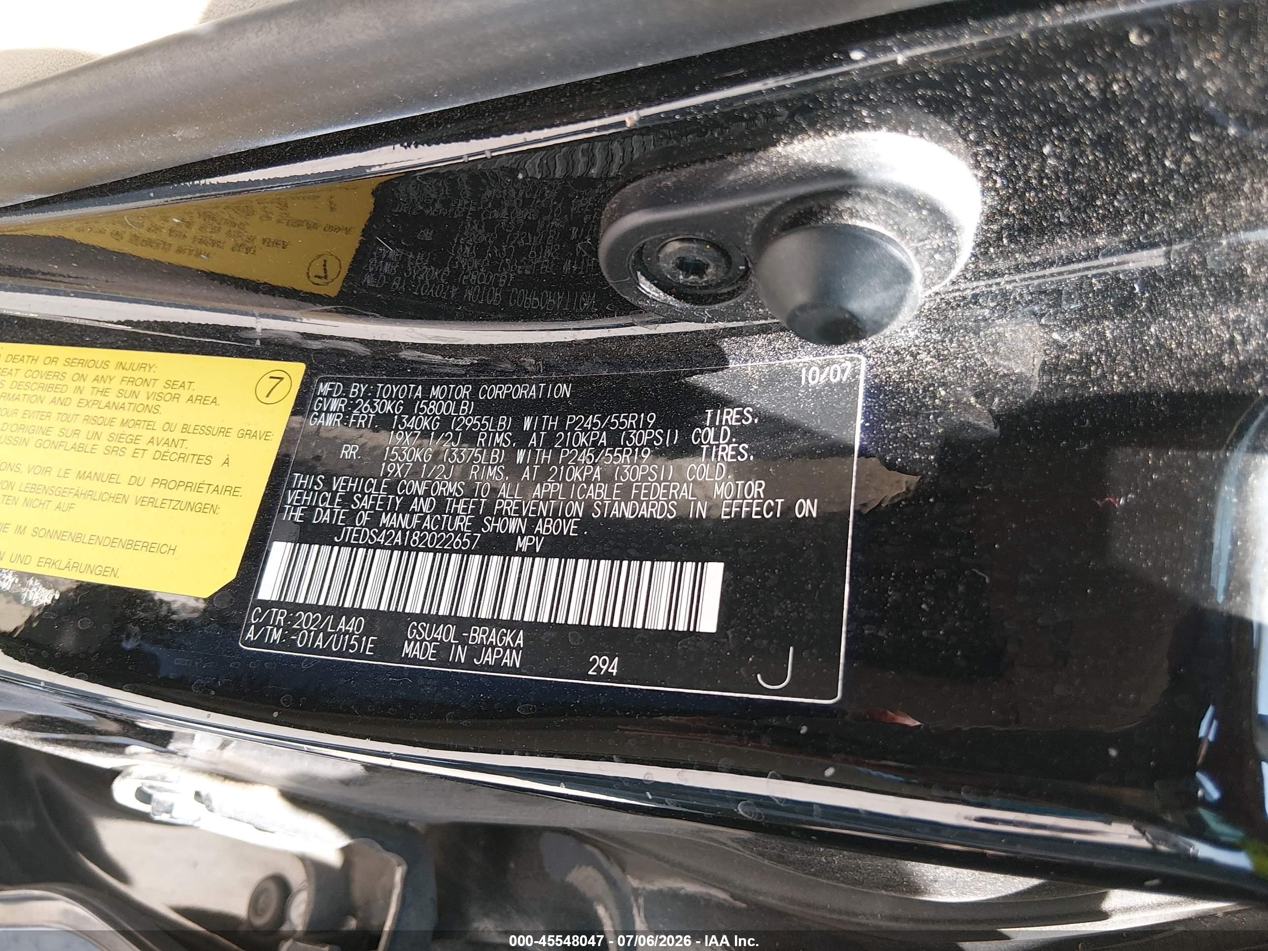 2008 Toyota Highlander Limited Черный vin: JTEDS42A182022657