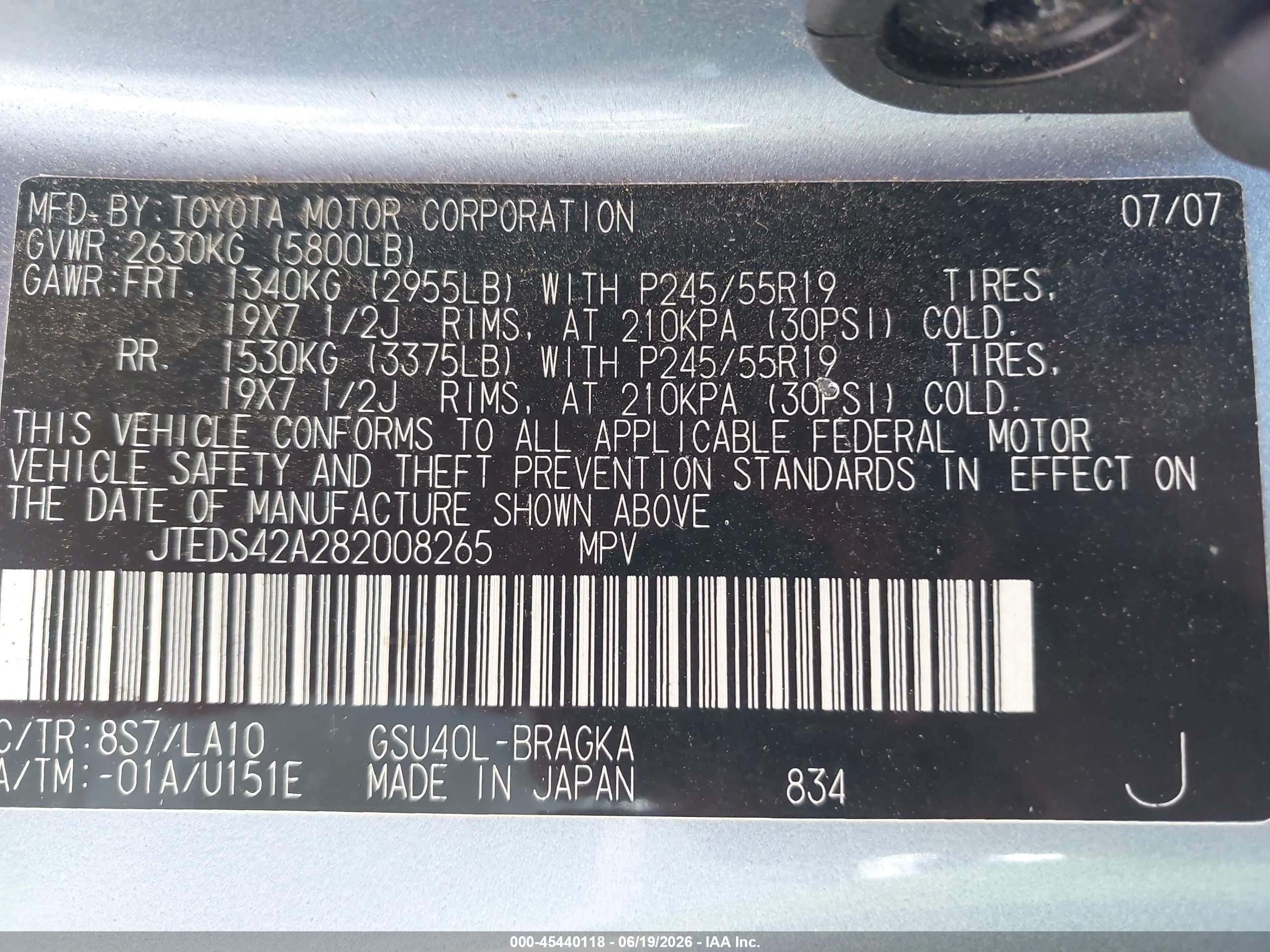 2008 Toyota Highlander Limited Light Blue vin: JTEDS42A282008265