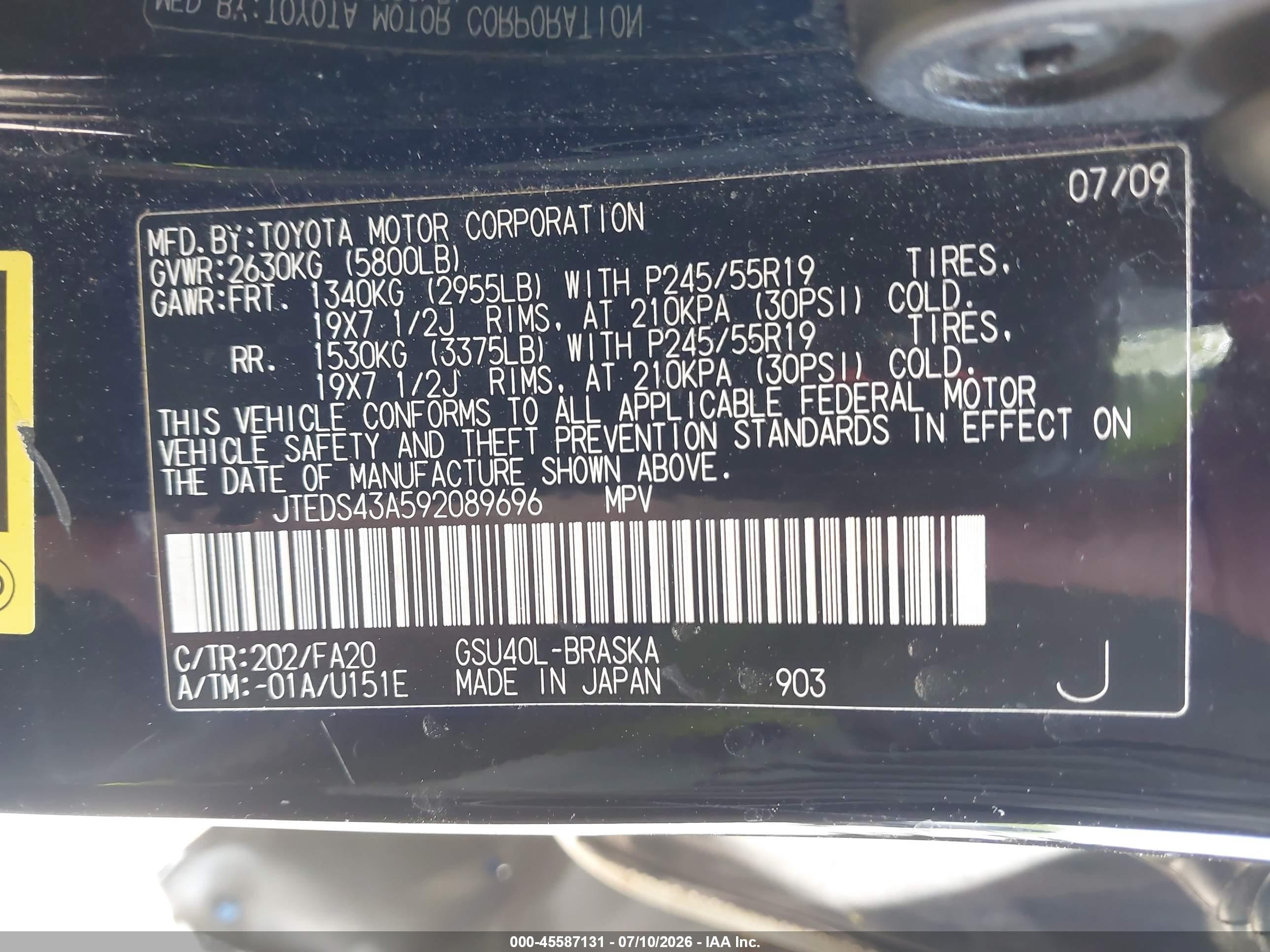 2009 Toyota Highlander Sport Black vin: JTEDS43A592089696