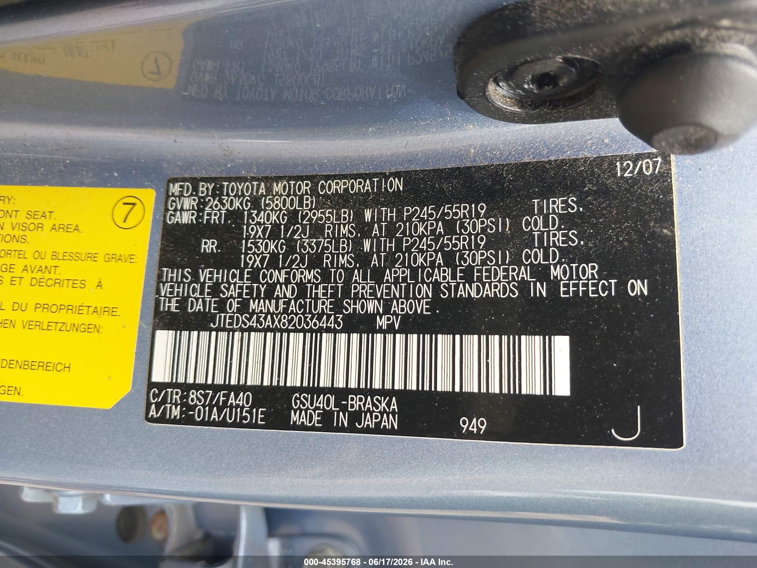 2008 Toyota Highlander Sport Blue vin: JTEDS43AX82036443