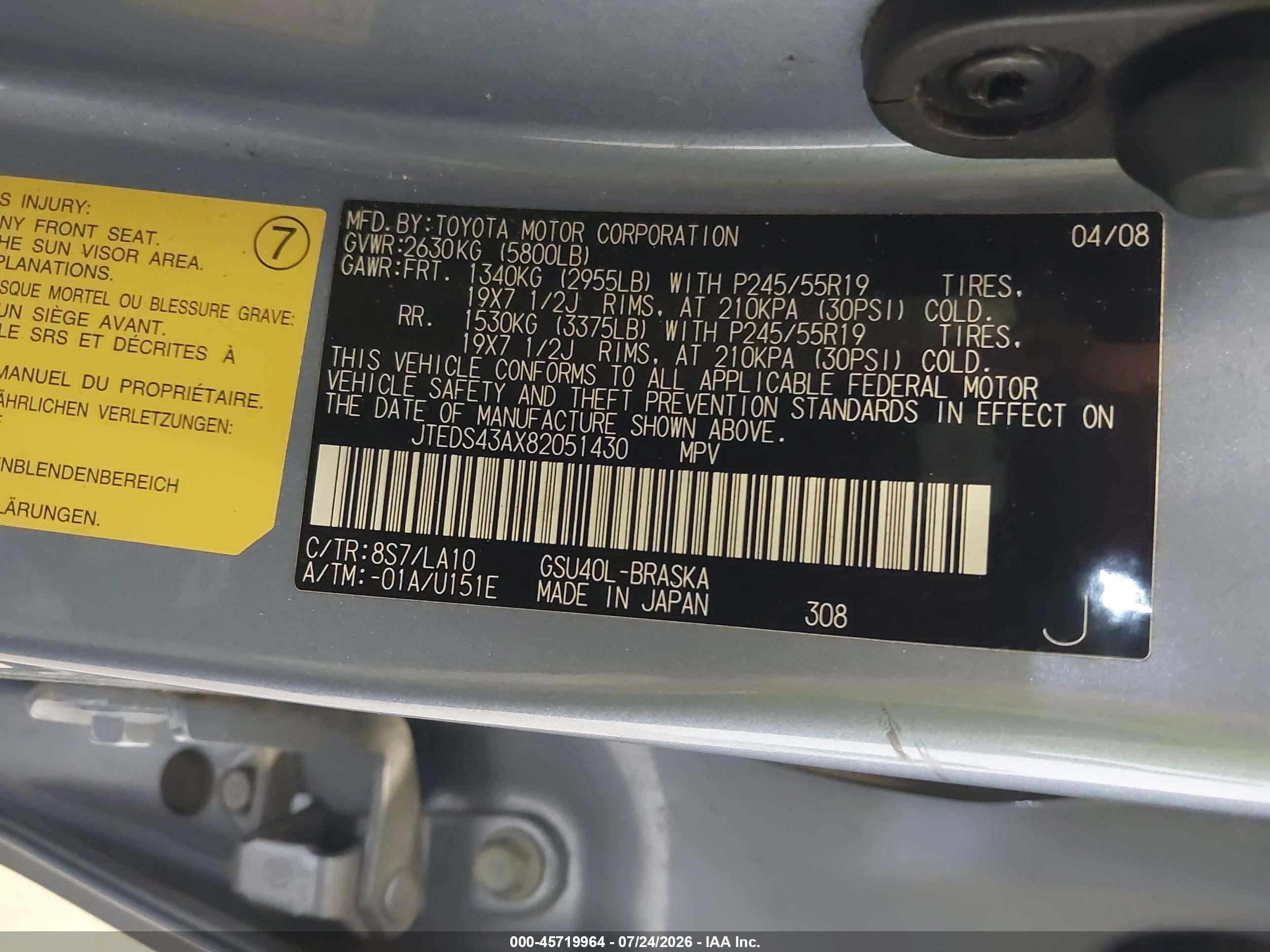 2008 Toyota Highlander Sport Light Blue vin: JTEDS43AX82051430