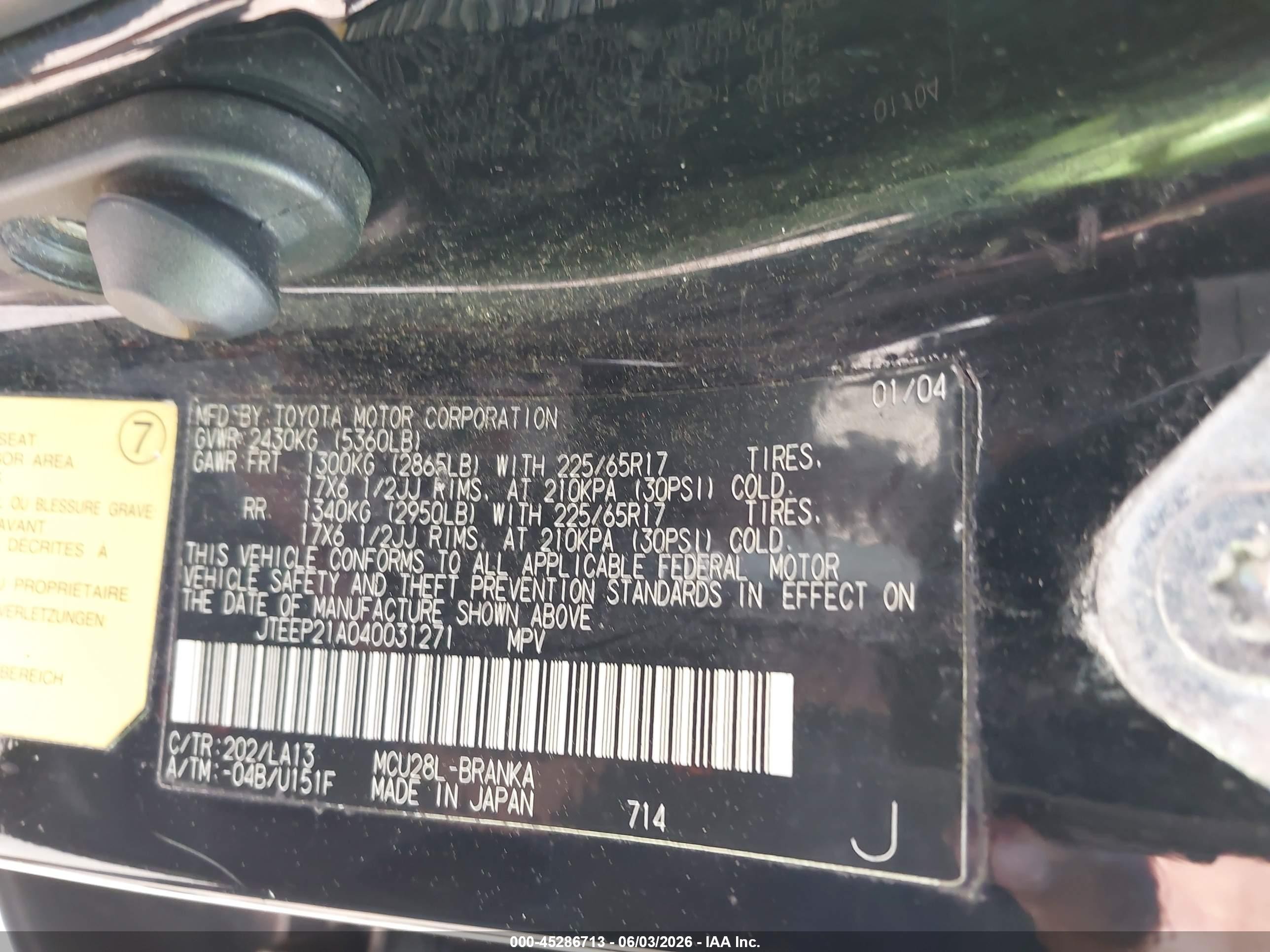 2004 Toyota Highlander Limited V6 Черный vin: JTEEP21A040031271