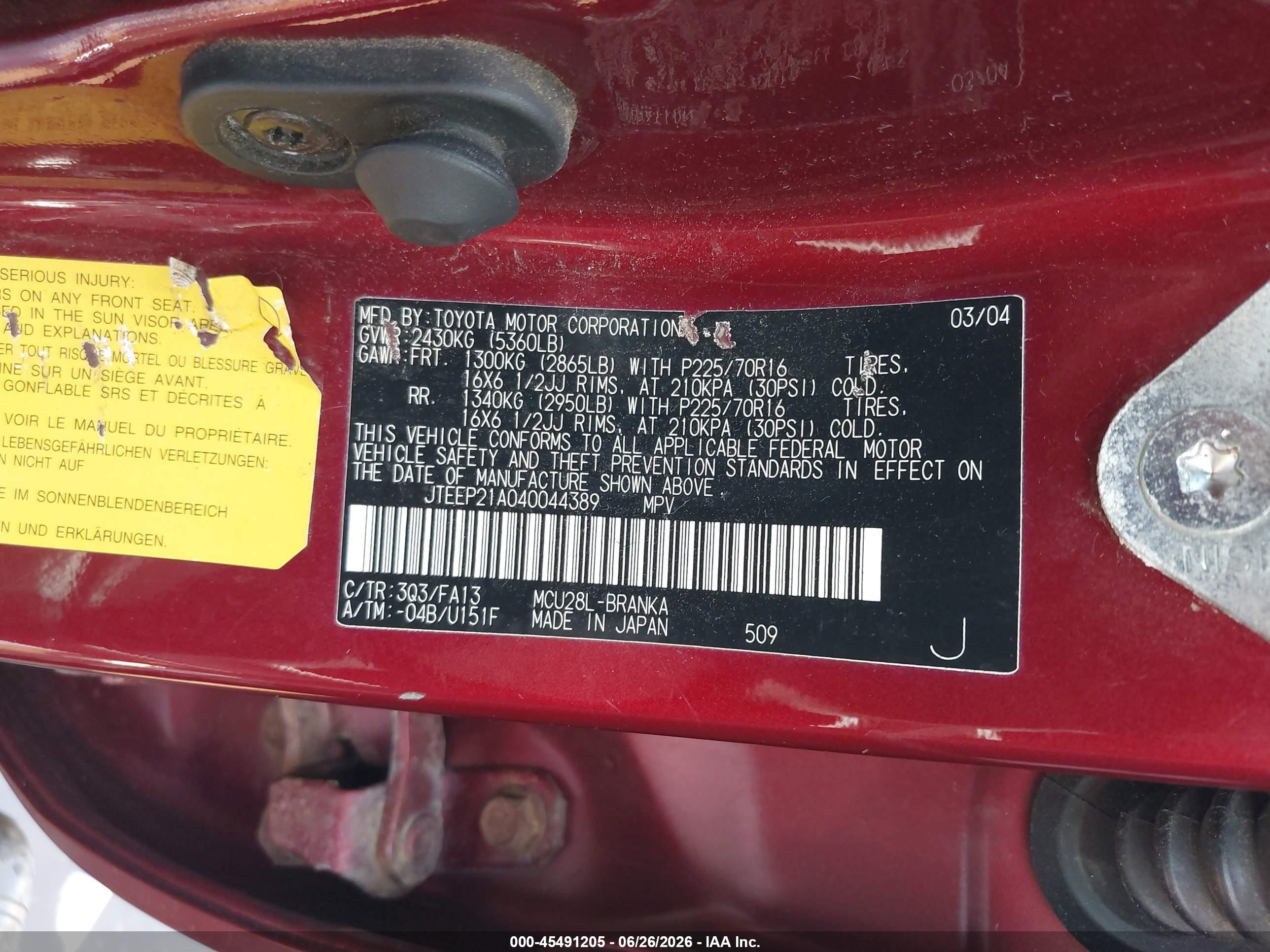 2004 Toyota Highlander V6 Red vin: JTEEP21A040044389