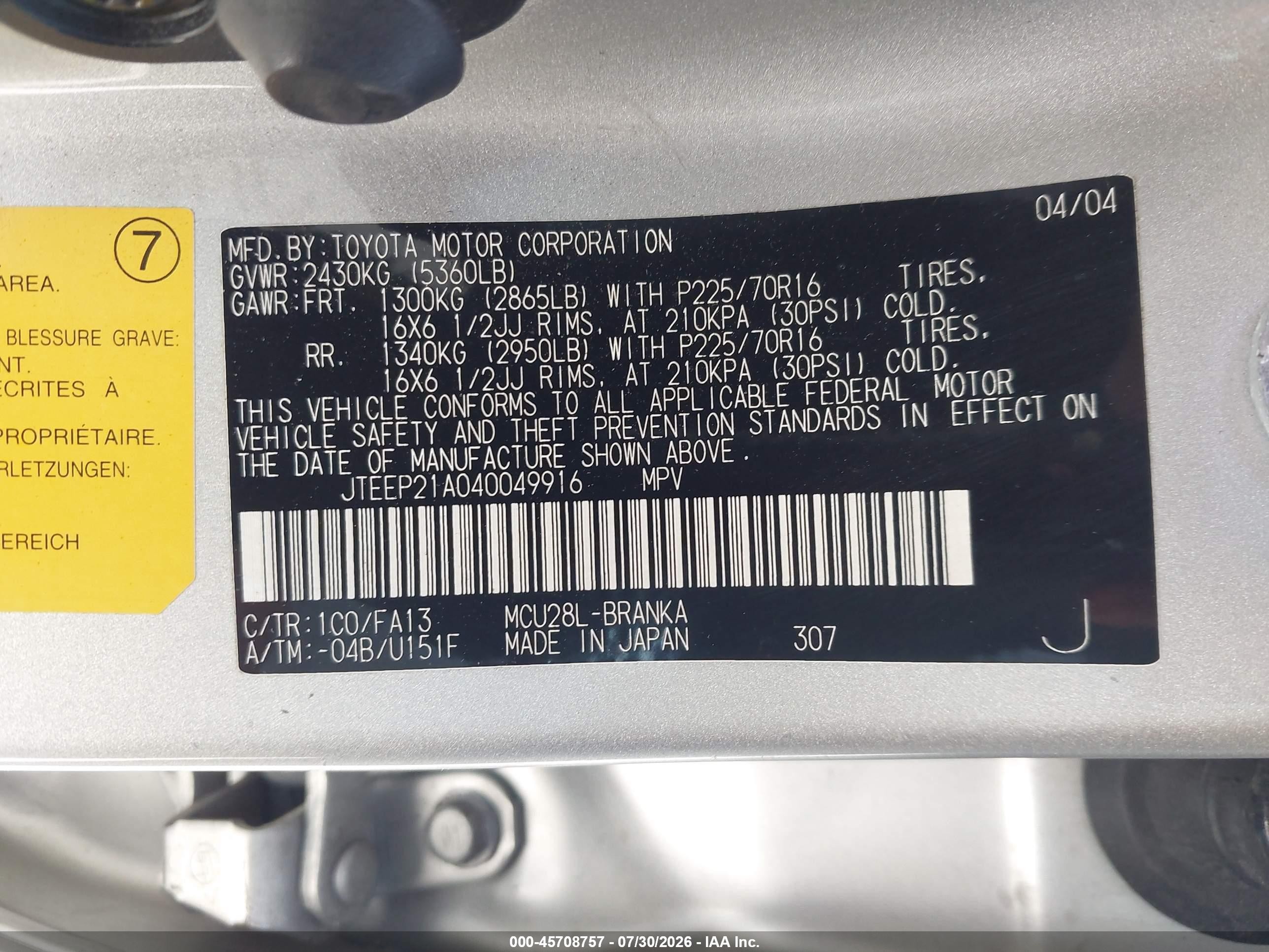 2004 Toyota Highlander V6 Silver vin: JTEEP21A040049916