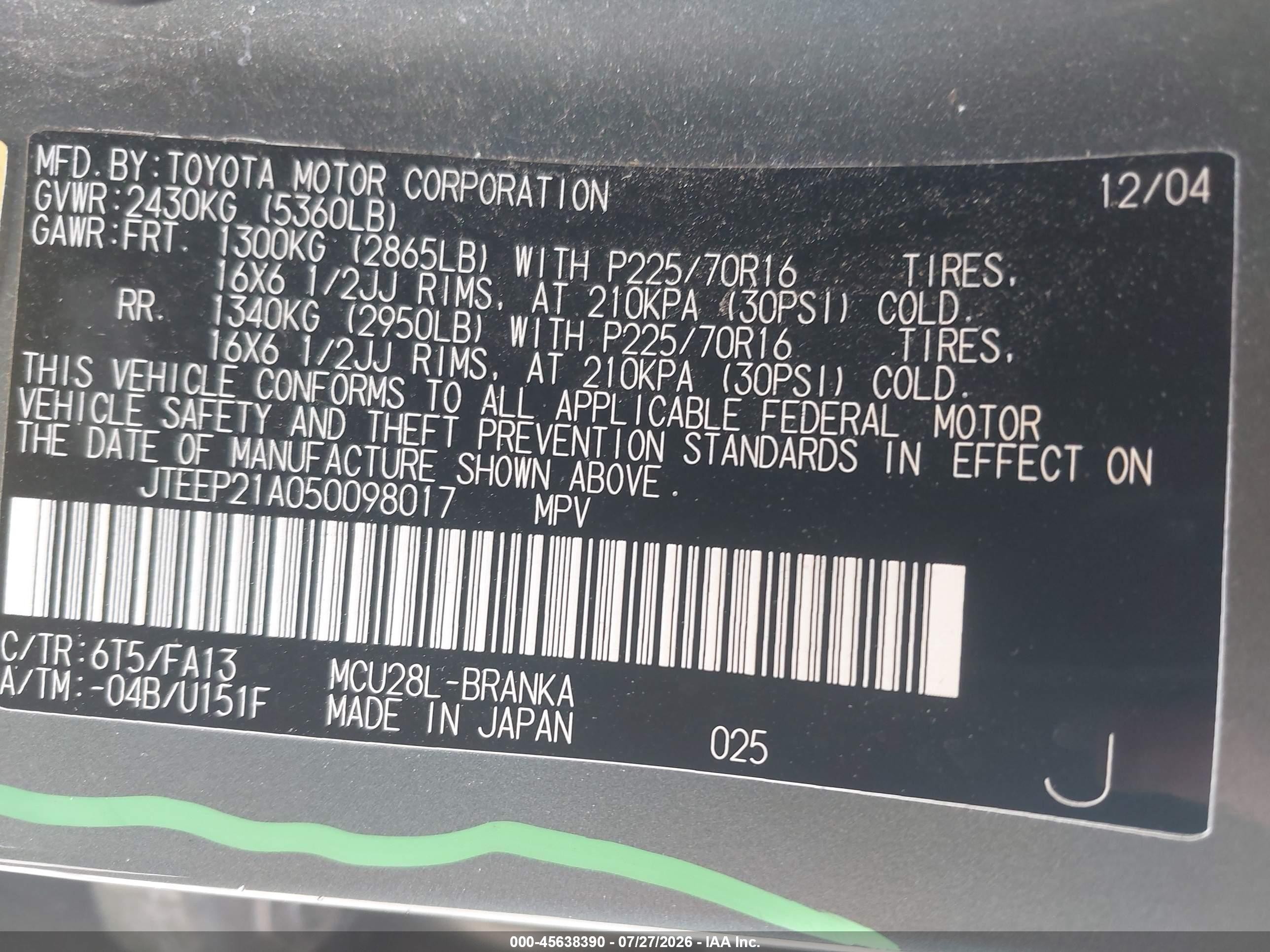 2005 Toyota Highlander V6 Green vin: JTEEP21A050098017