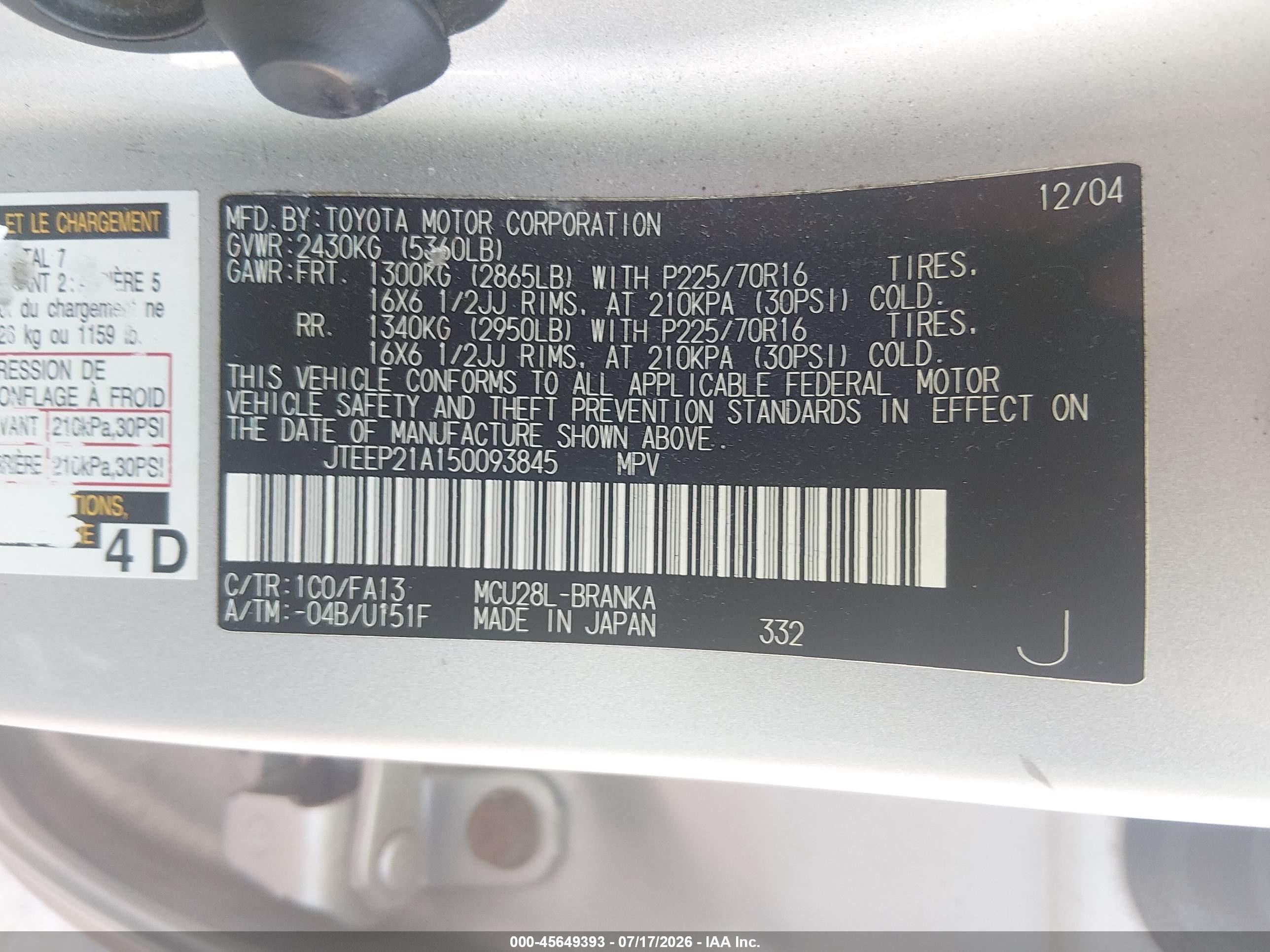 2005 Toyota Highlander V6 Silver vin: JTEEP21A150093845