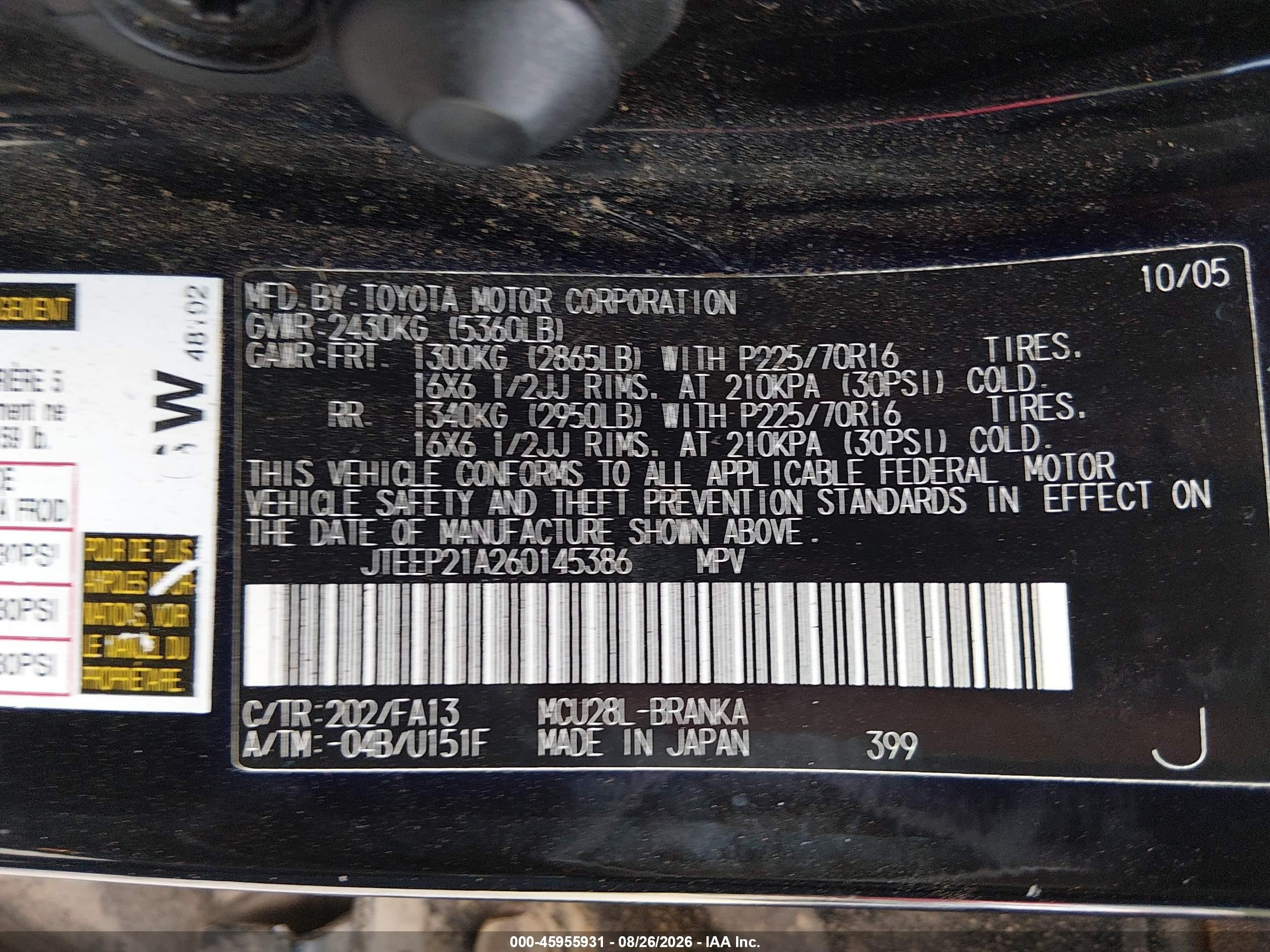 2006 Toyota Highlander V6 Black vin: JTEEP21A260145386