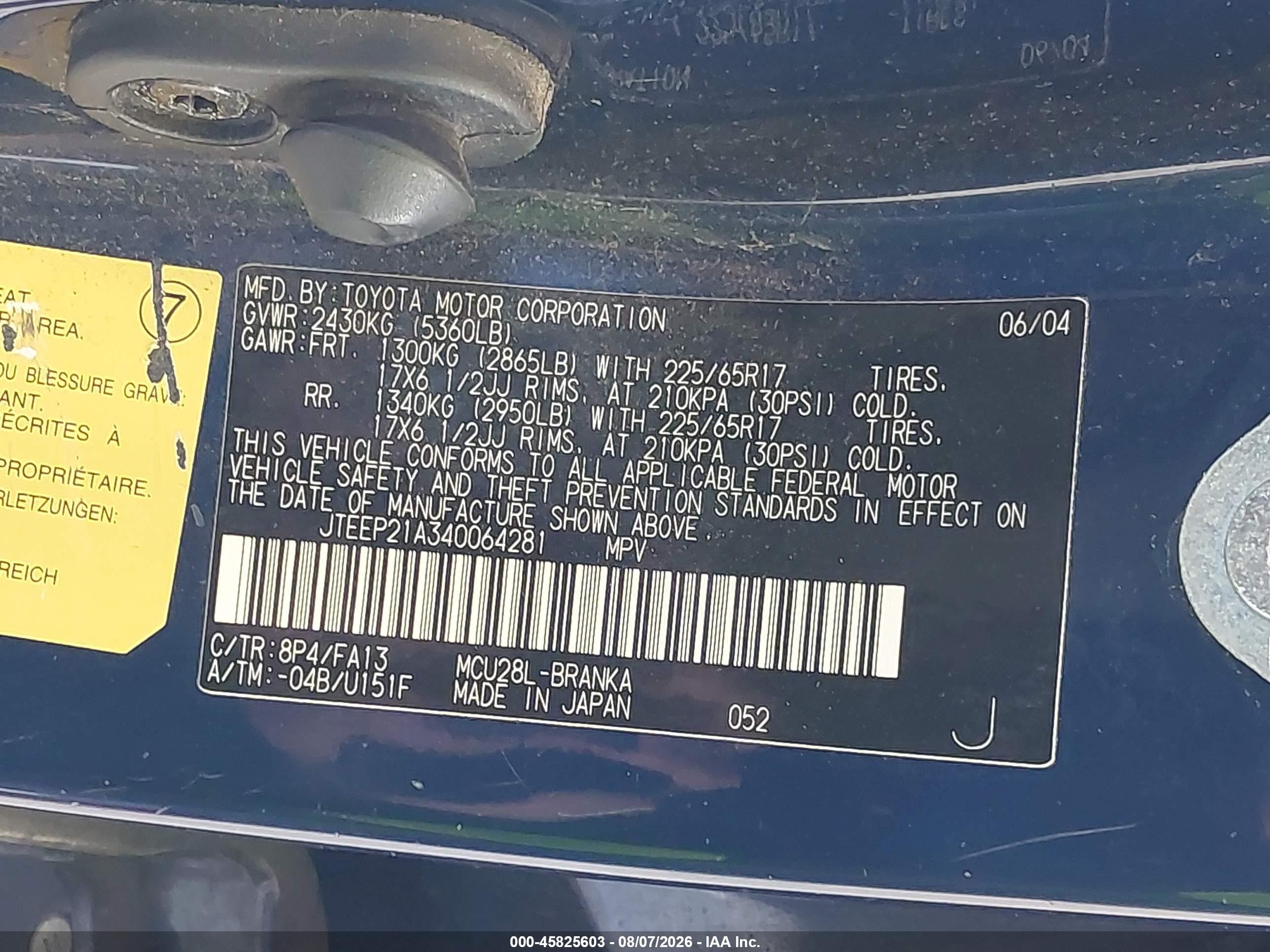 2004 Toyota Highlander Limited V6 Blue vin: JTEEP21A340064281
