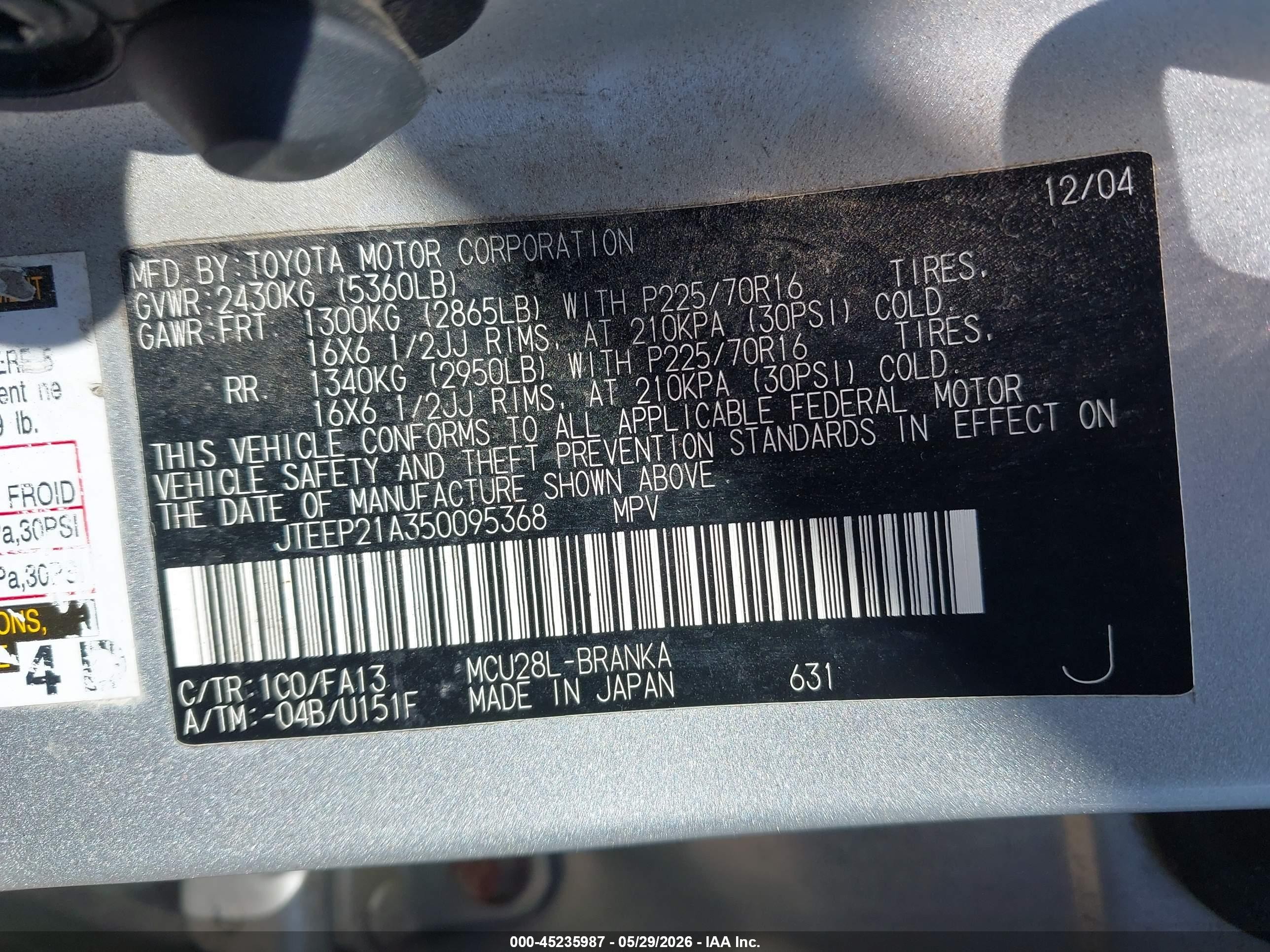2005 Toyota Highlander V6 Silver vin: JTEEP21A350095368