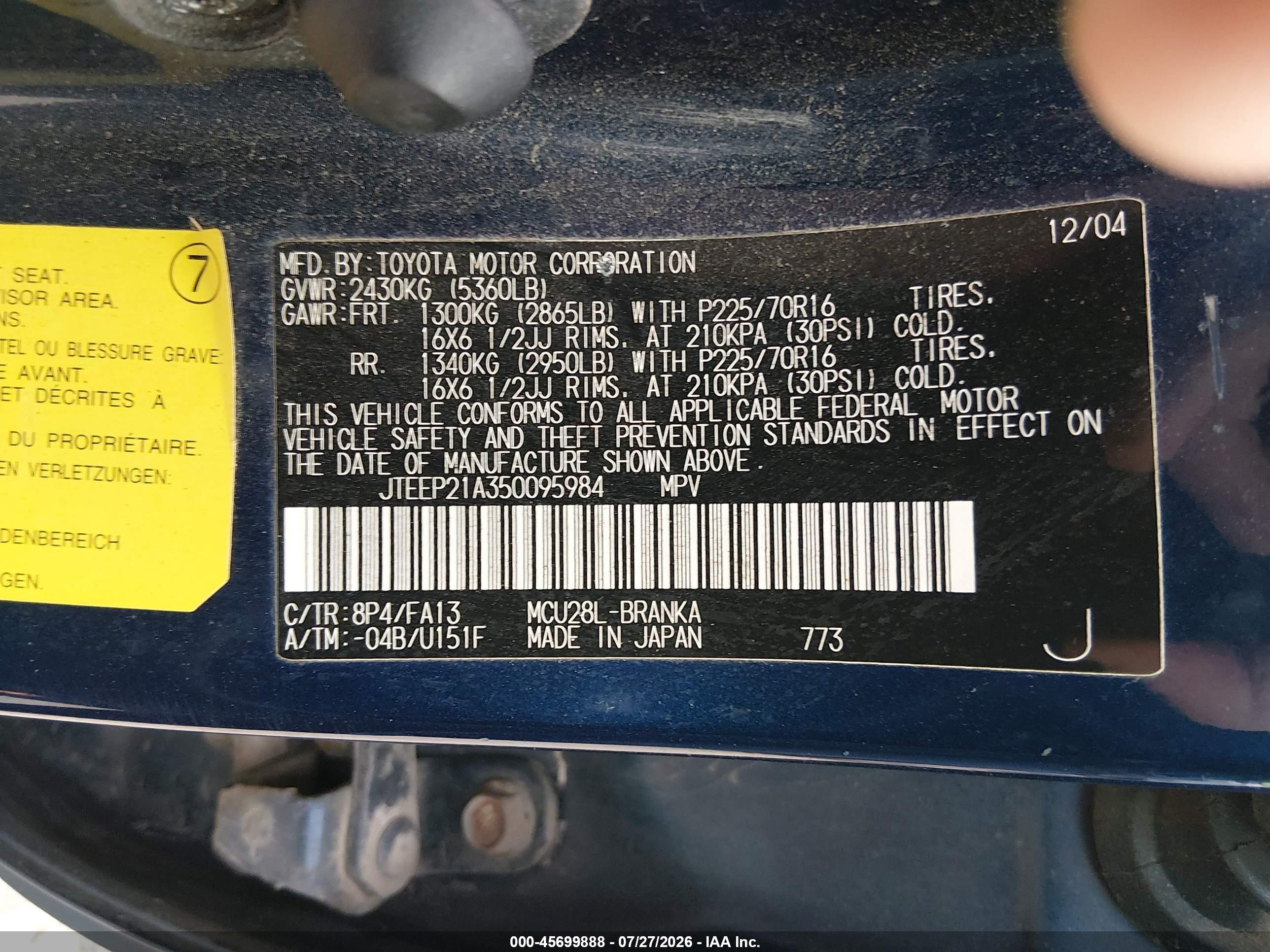2005 Toyota Highlander V6 Blue vin: JTEEP21A350095984
