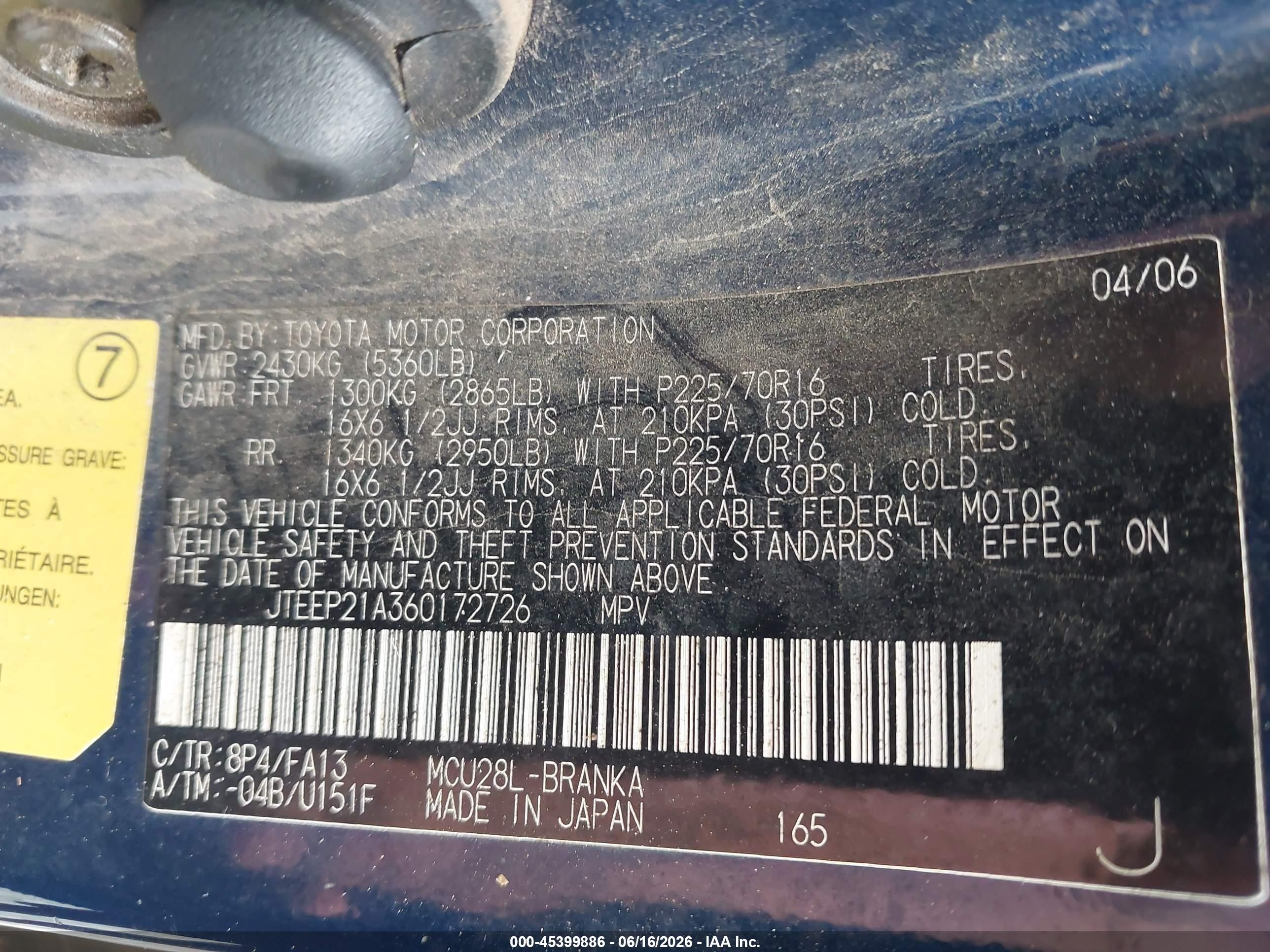 2006 Toyota Highlander V6 Blue vin: JTEEP21A360172726