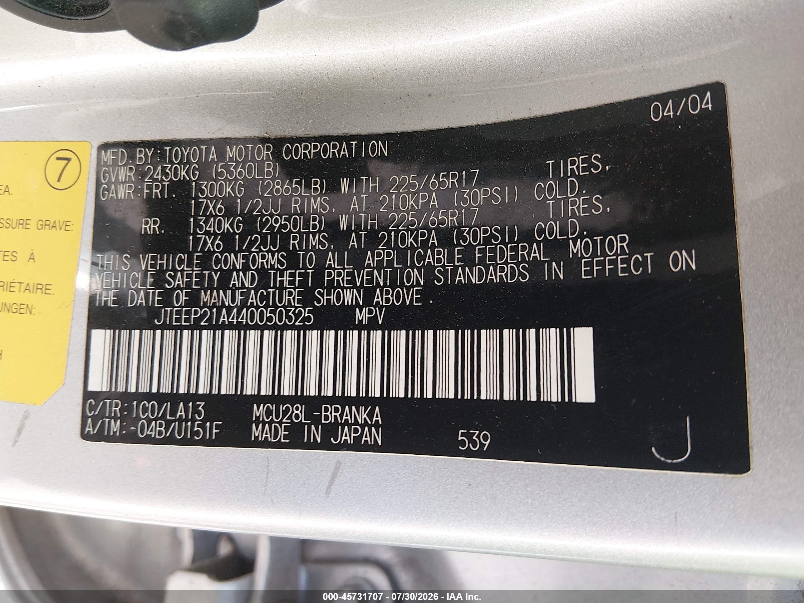 2004 Toyota Highlander Limited V6 Gray vin: JTEEP21A440050325