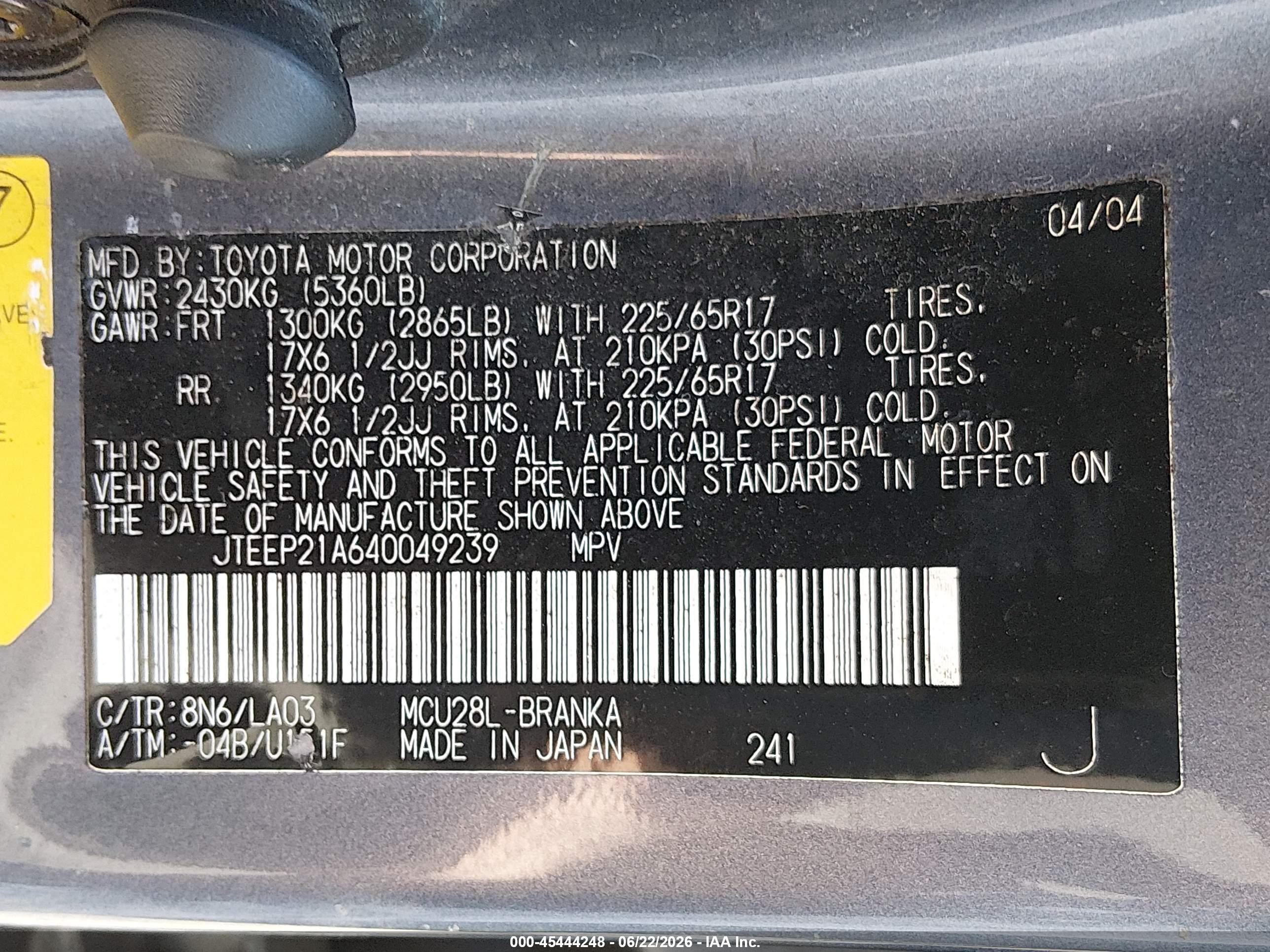 2004 Toyota Highlander Limited V6 Blue vin: JTEEP21A640049239