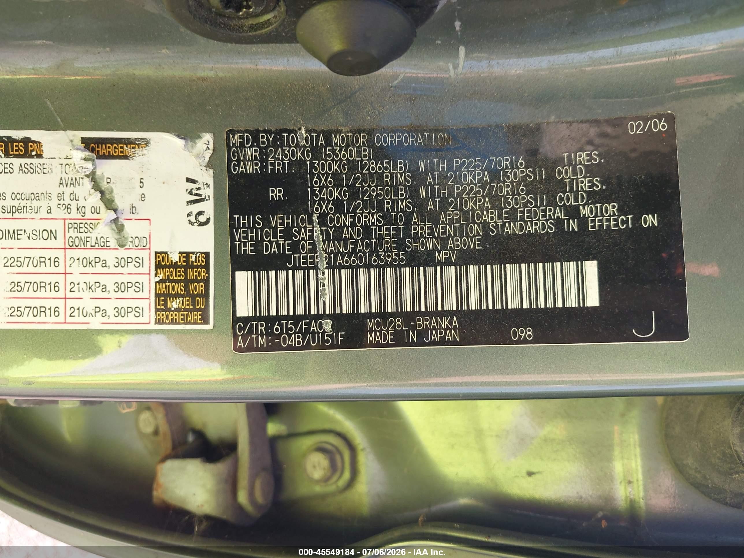 2006 Toyota Highlander V6 Green vin: JTEEP21A660163955