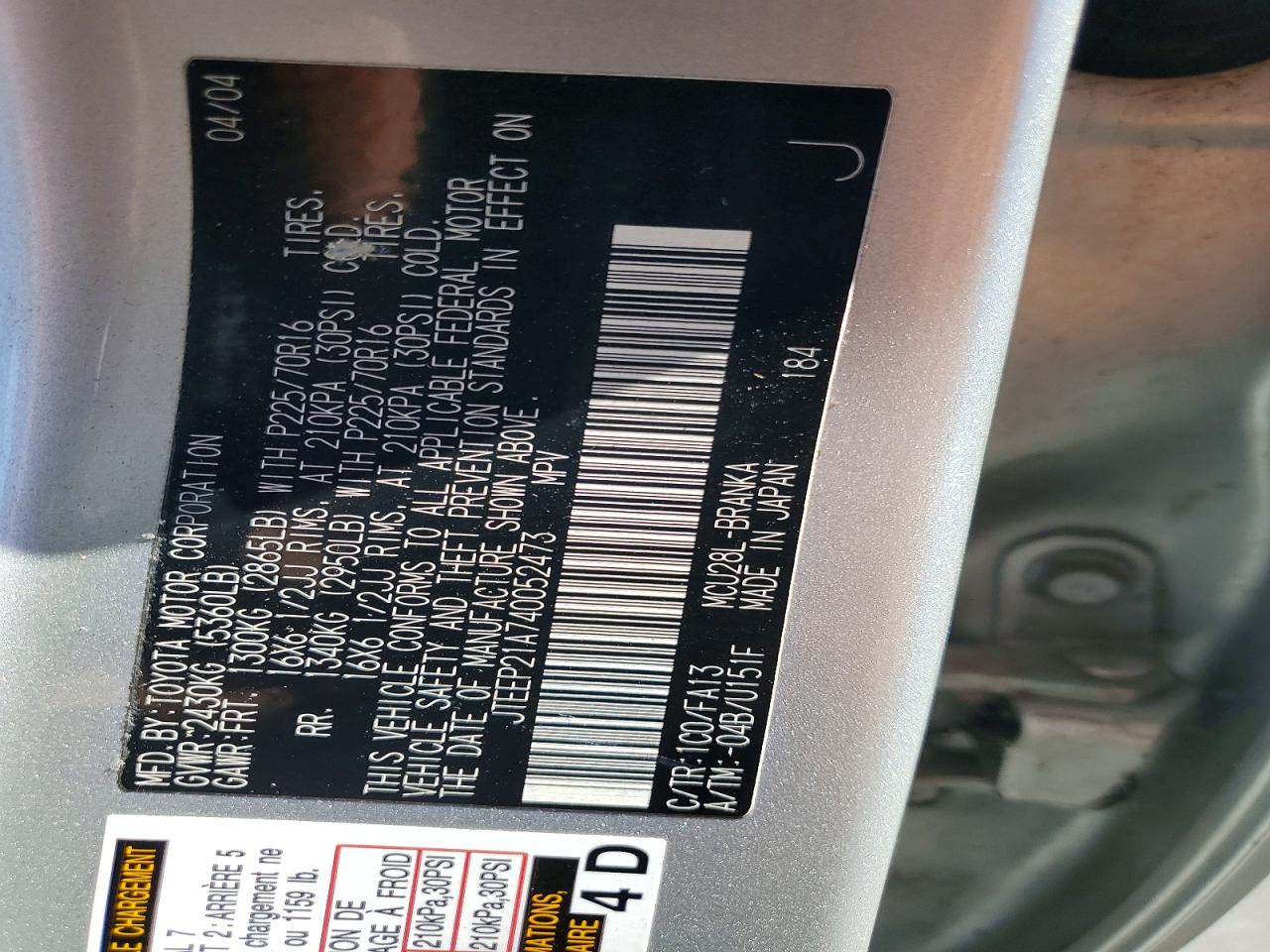 2004 Toyota Highlander Base Silver vin: JTEEP21A740052473