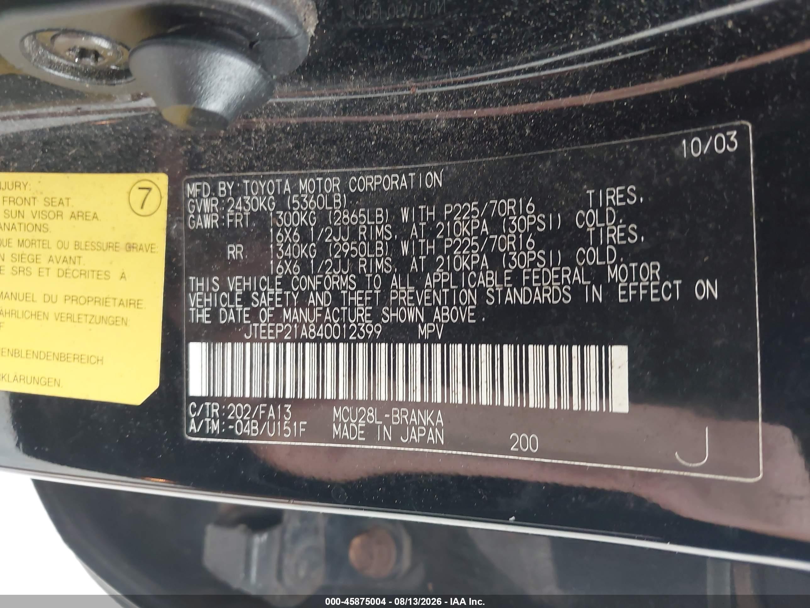 2004 Toyota Highlander V6 Black vin: JTEEP21A840012399