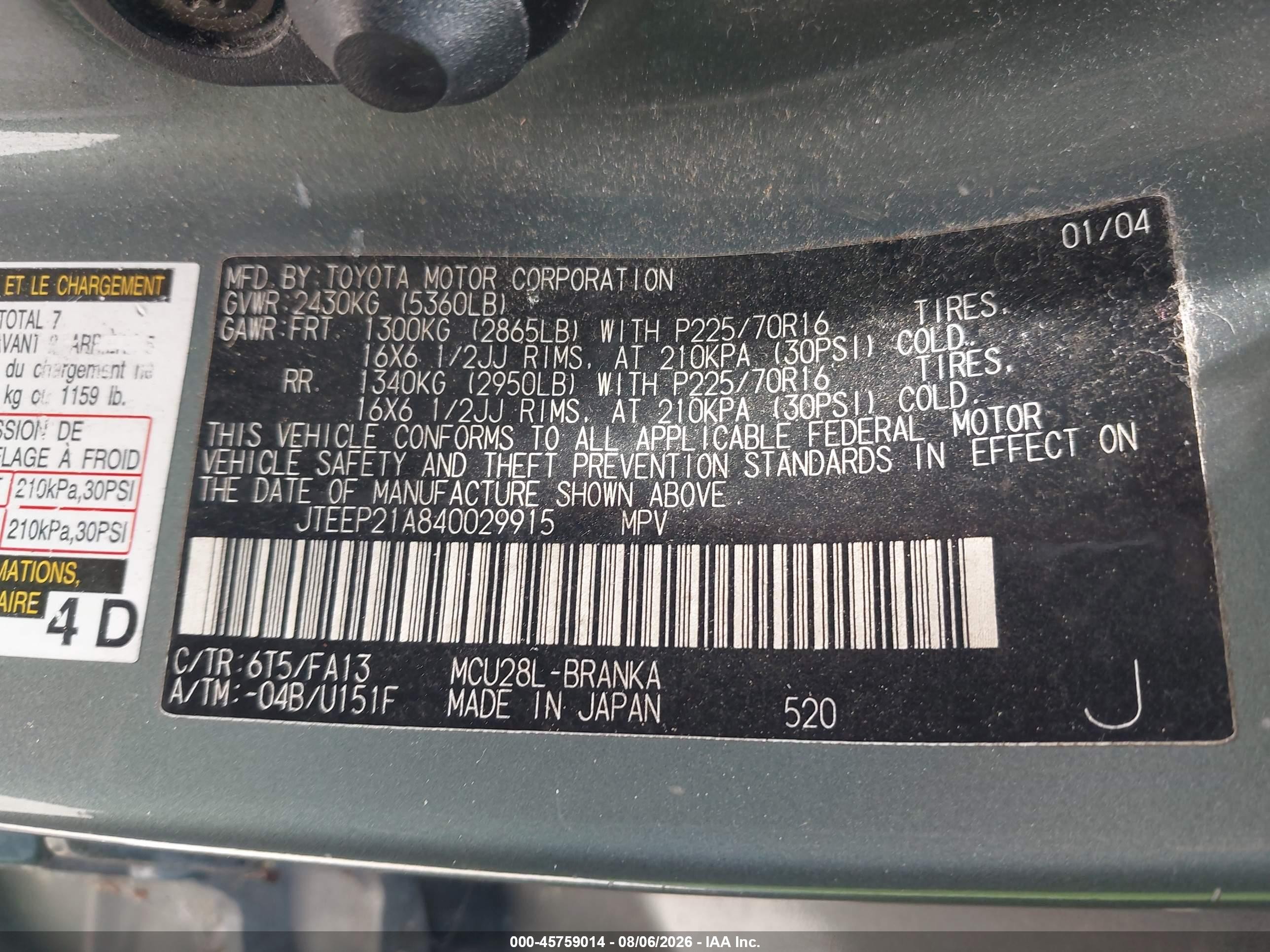 2004 Toyota Highlander V6 Green vin: JTEEP21A840029915
