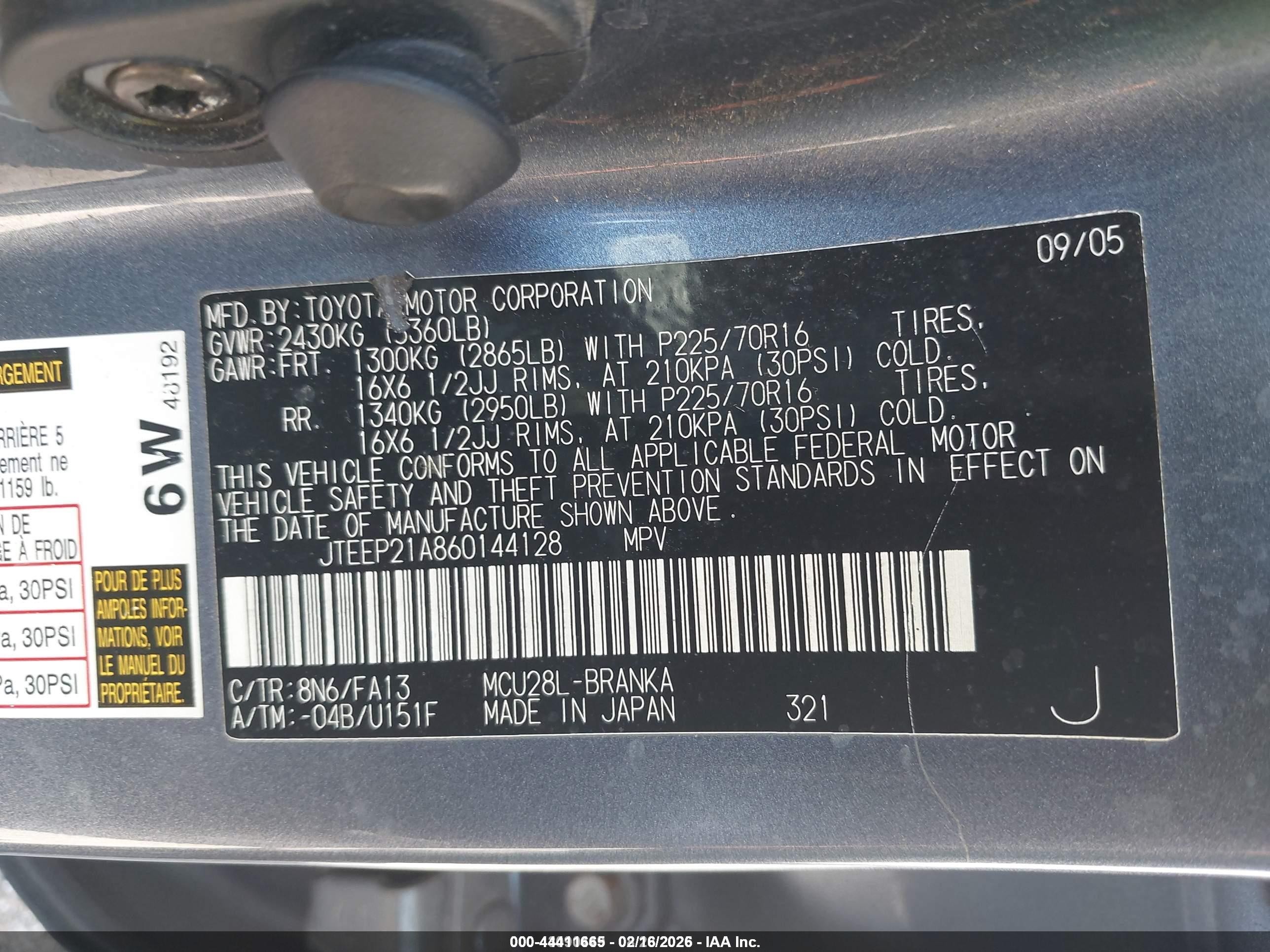 2006 Toyota Highlander V6 Blue vin: JTEEP21A860144128