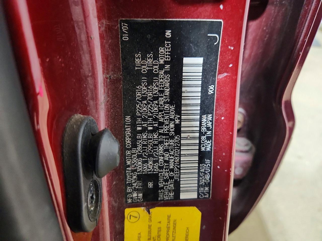 2007 Toyota Highlander Base Red vin: JTEEP21A870212705