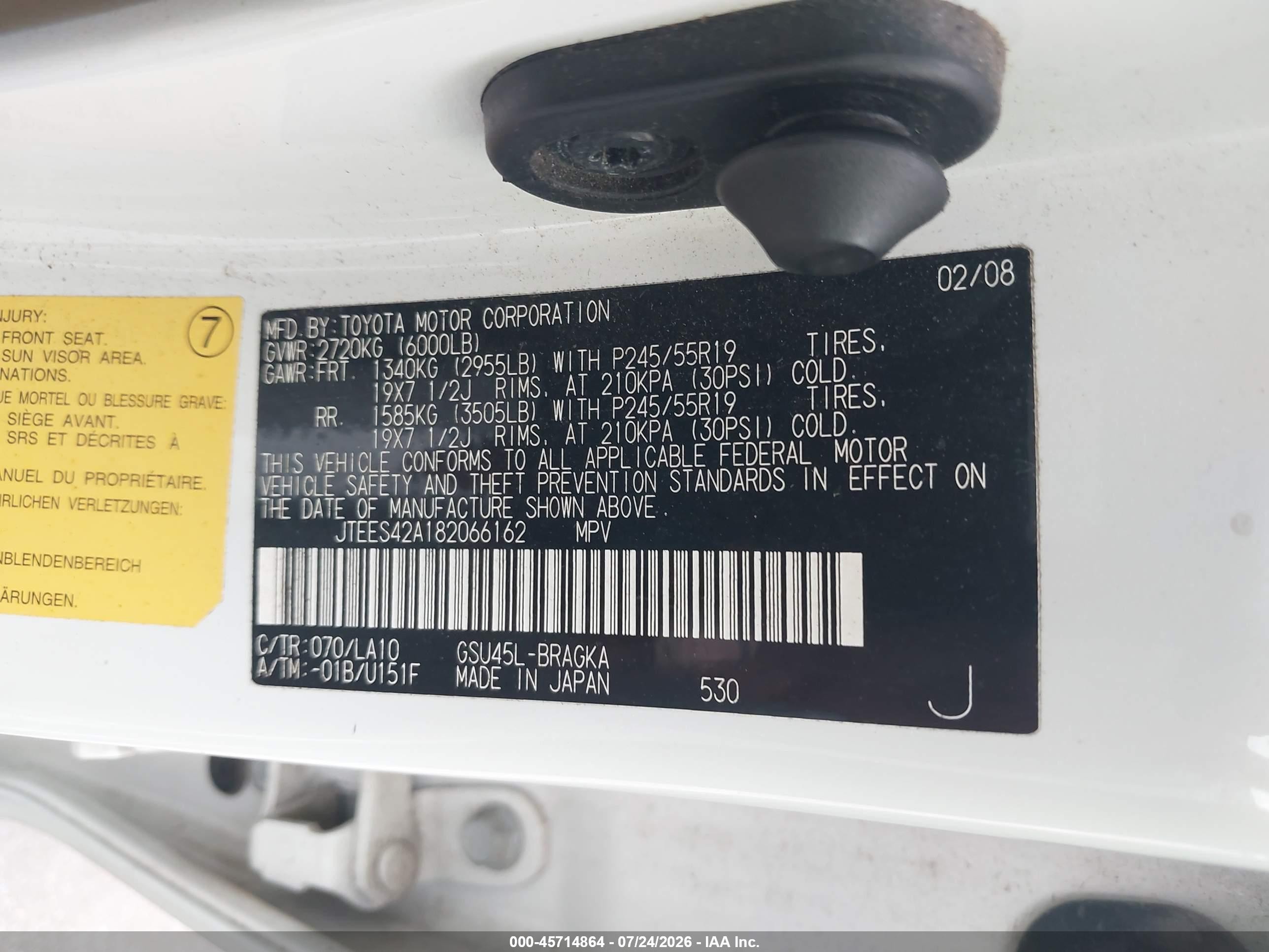 2008 Toyota Highlander Limited White vin: JTEES42A182066162