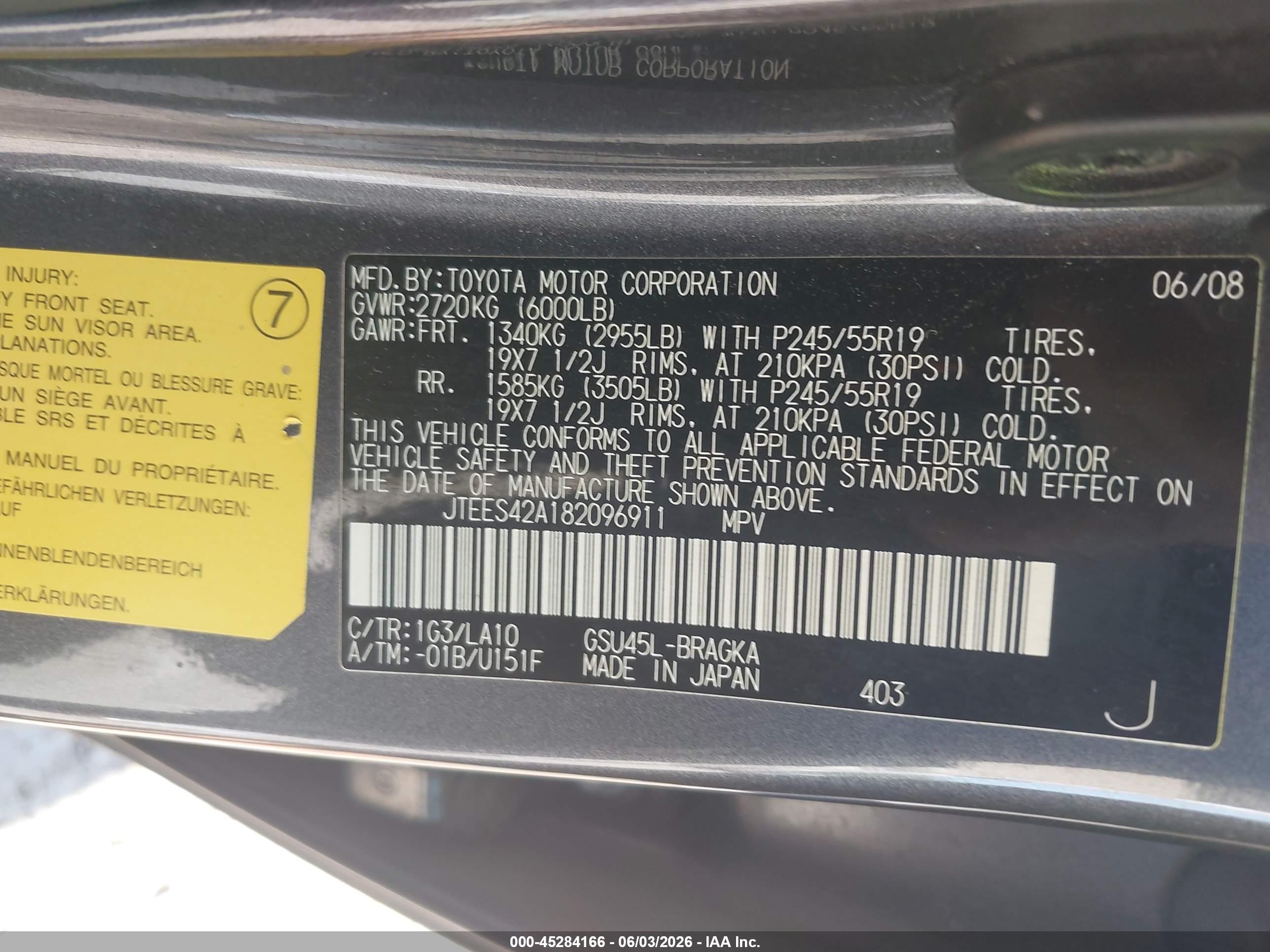 2008 Toyota Highlander Limited Green vin: JTEES42A182096911