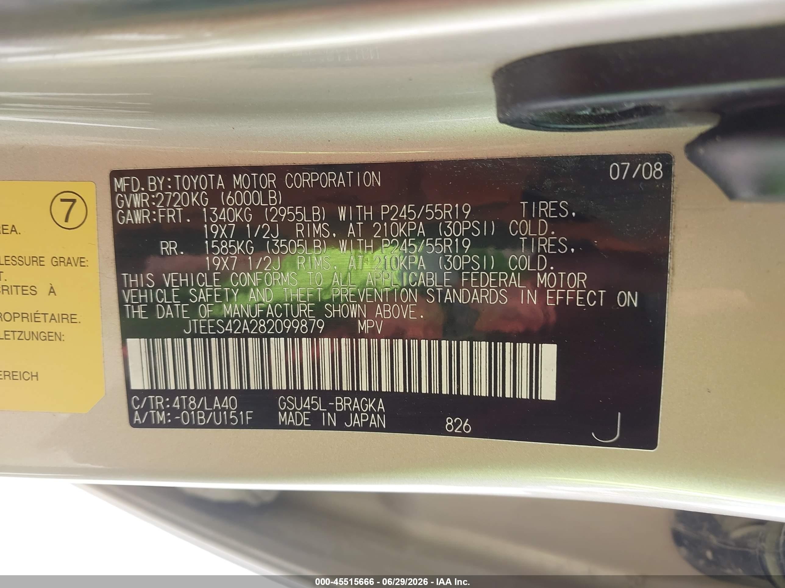 2008 Toyota Highlander Limited Gold vin: JTEES42A282099879