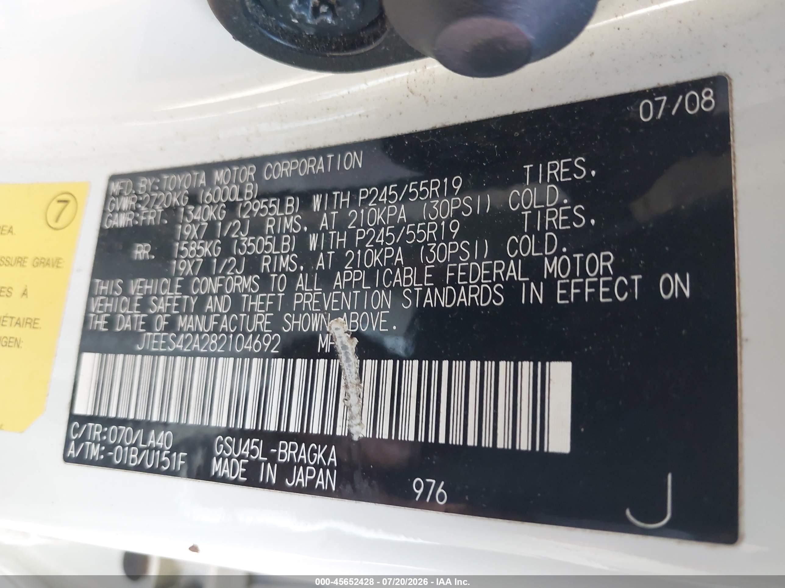 2008 Toyota Highlander Limited White vin: JTEES42A282104692