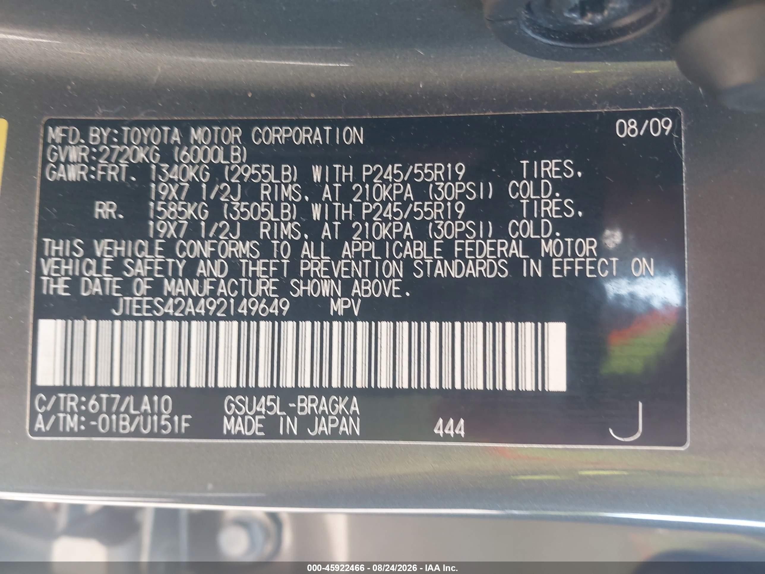 2009 Toyota Highlander Limited Gray vin: JTEES42A492149649