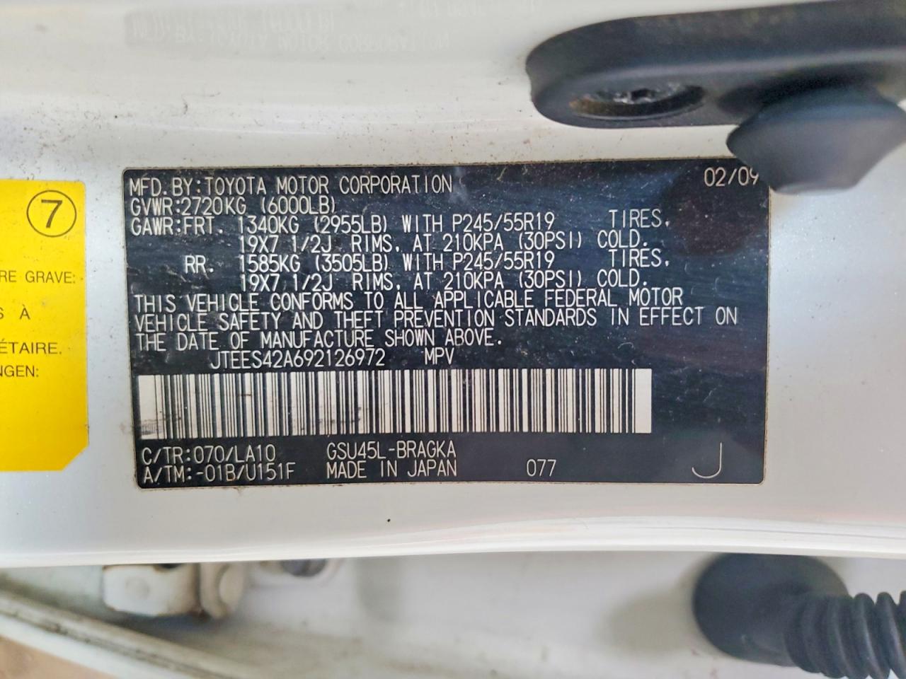 2009 Toyota Highlander Limited White vin: JTEES42A692126972