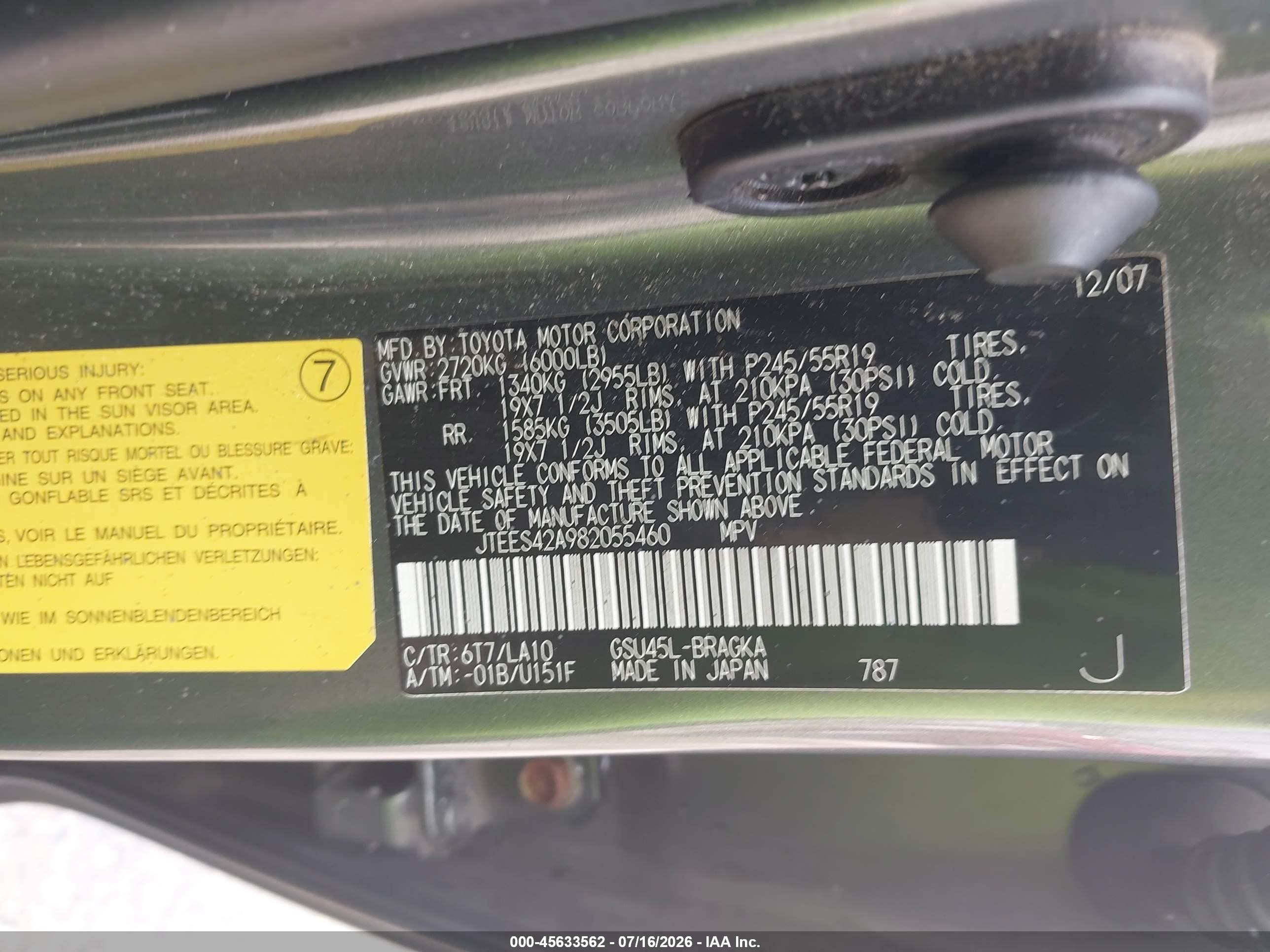 2008 Toyota Highlander Limited Green vin: JTEES42A982055460