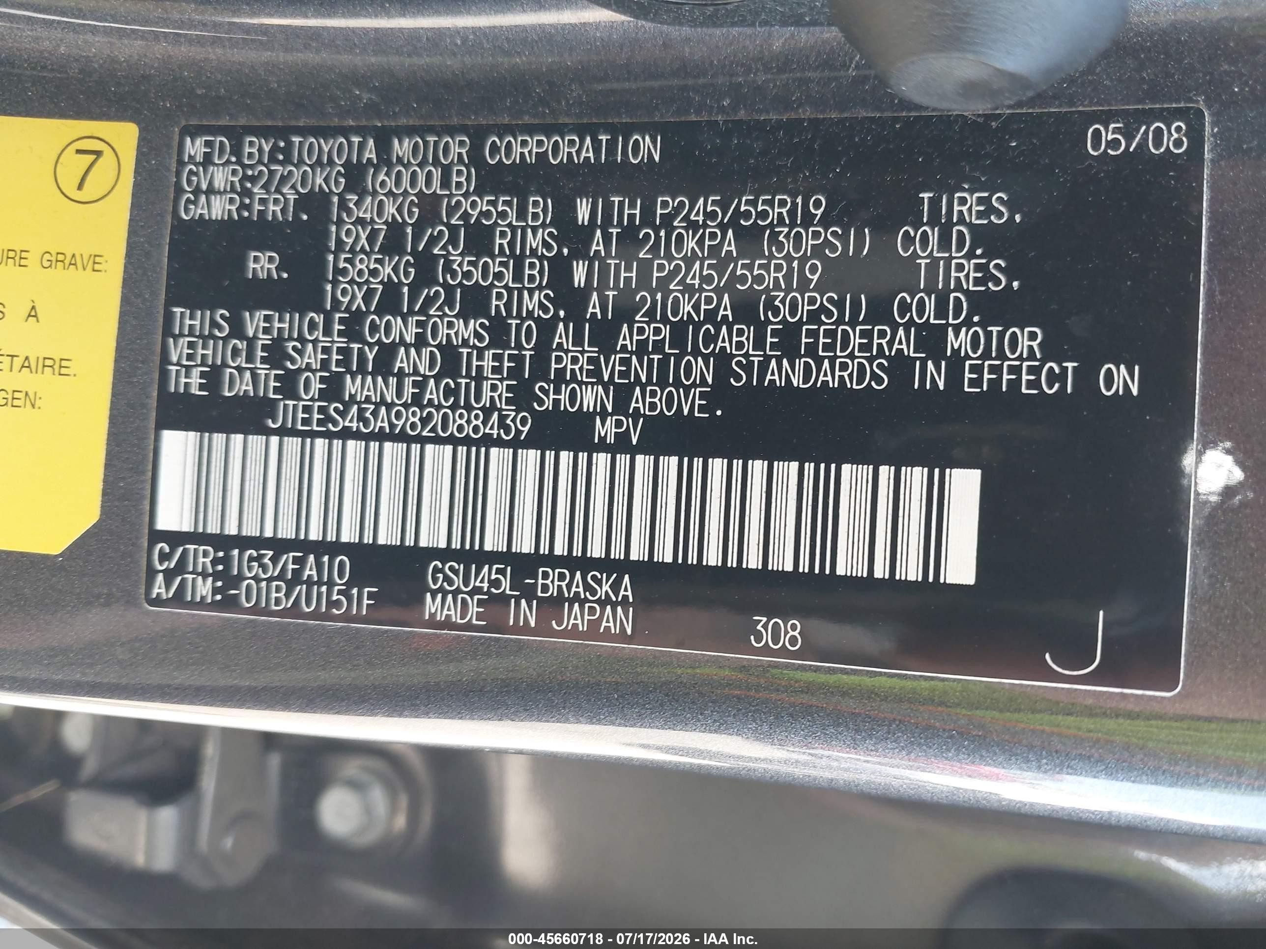 2008 Toyota Highlander Sport Gray vin: JTEES43A982088439