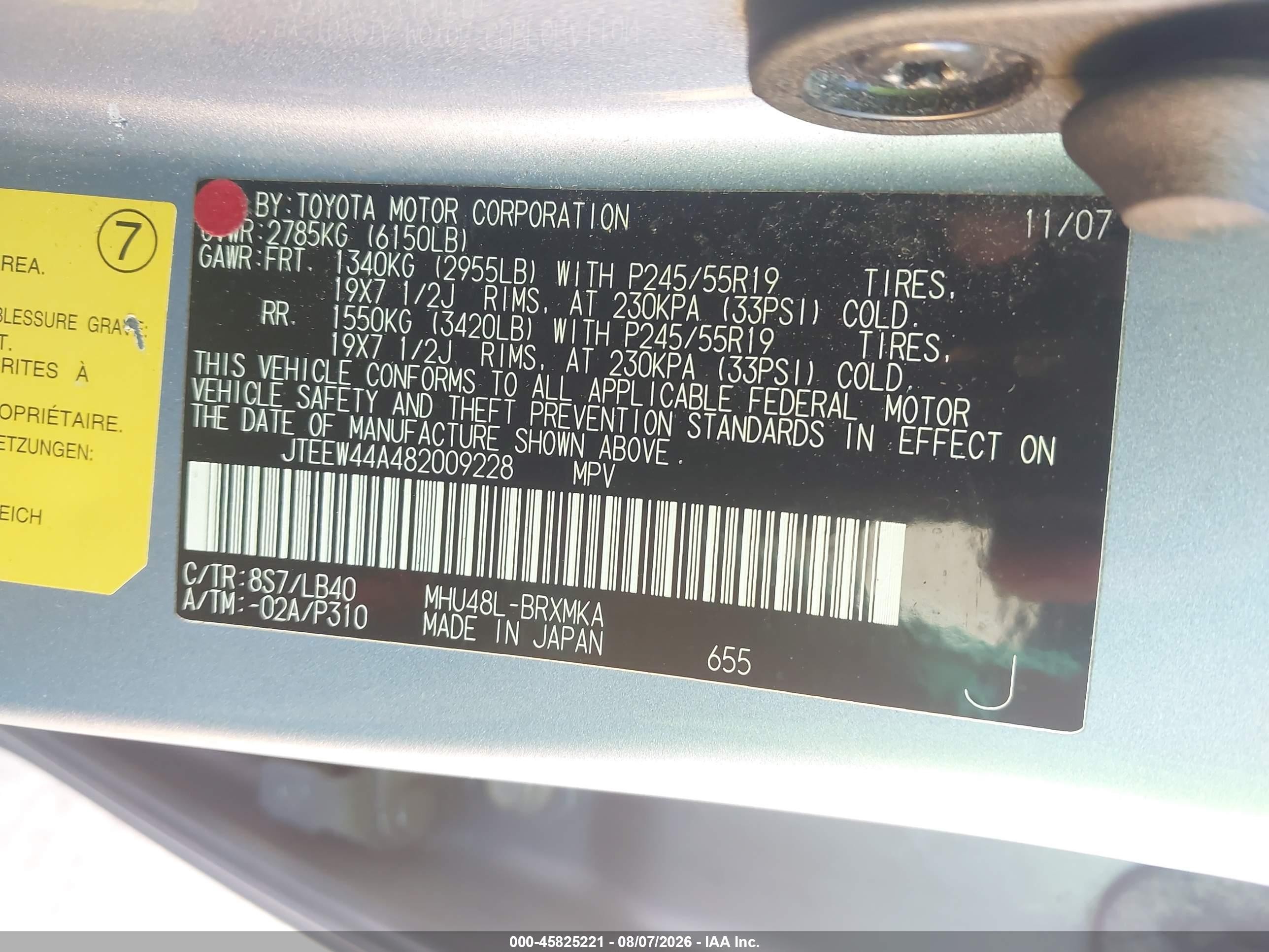 2008 Toyota Highlander Hybrid Limited Light Blue vin: JTEEW44A482009228