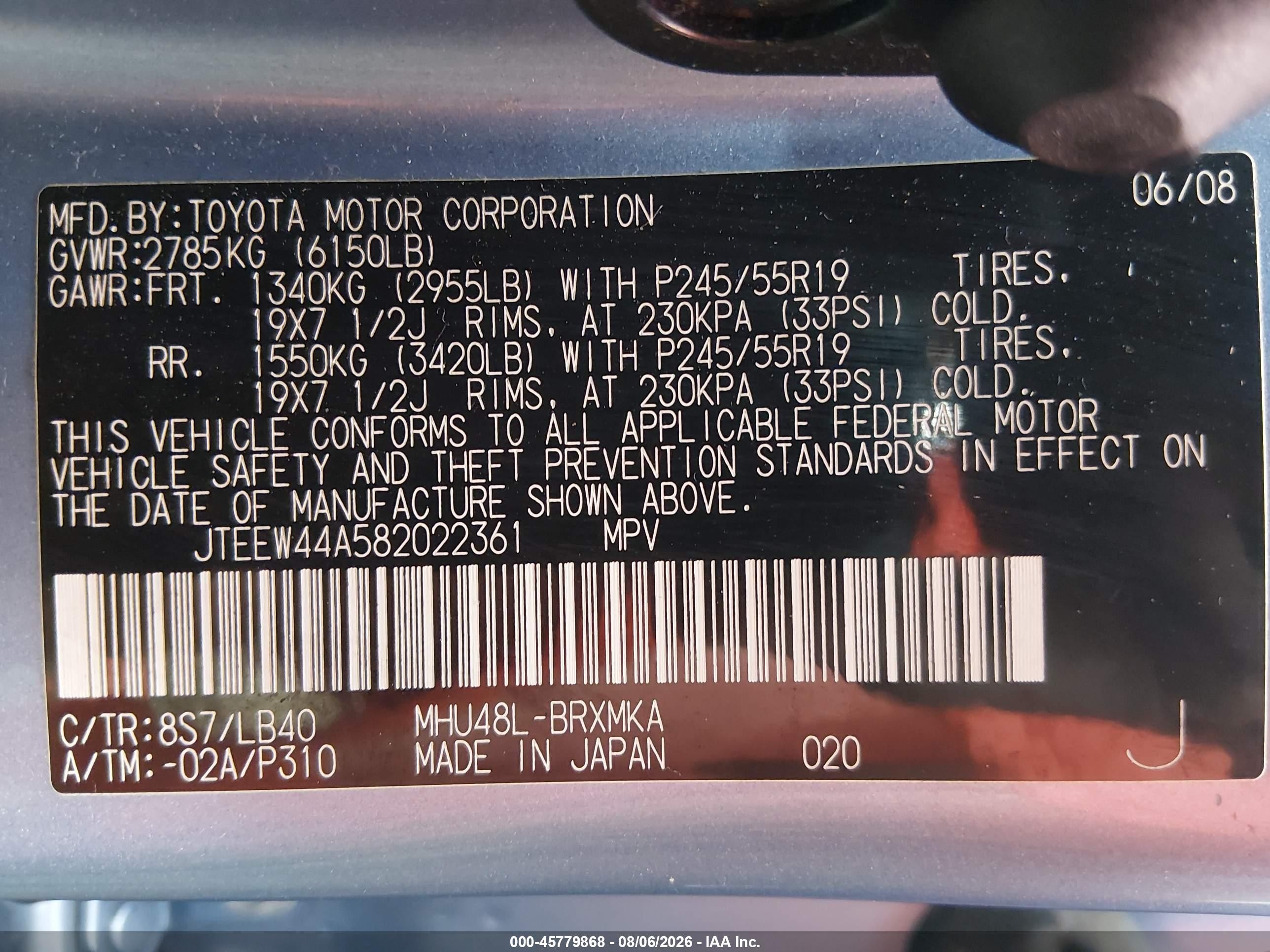 2008 Toyota Highlander Hybrid Limited Light Blue vin: JTEEW44A582022361