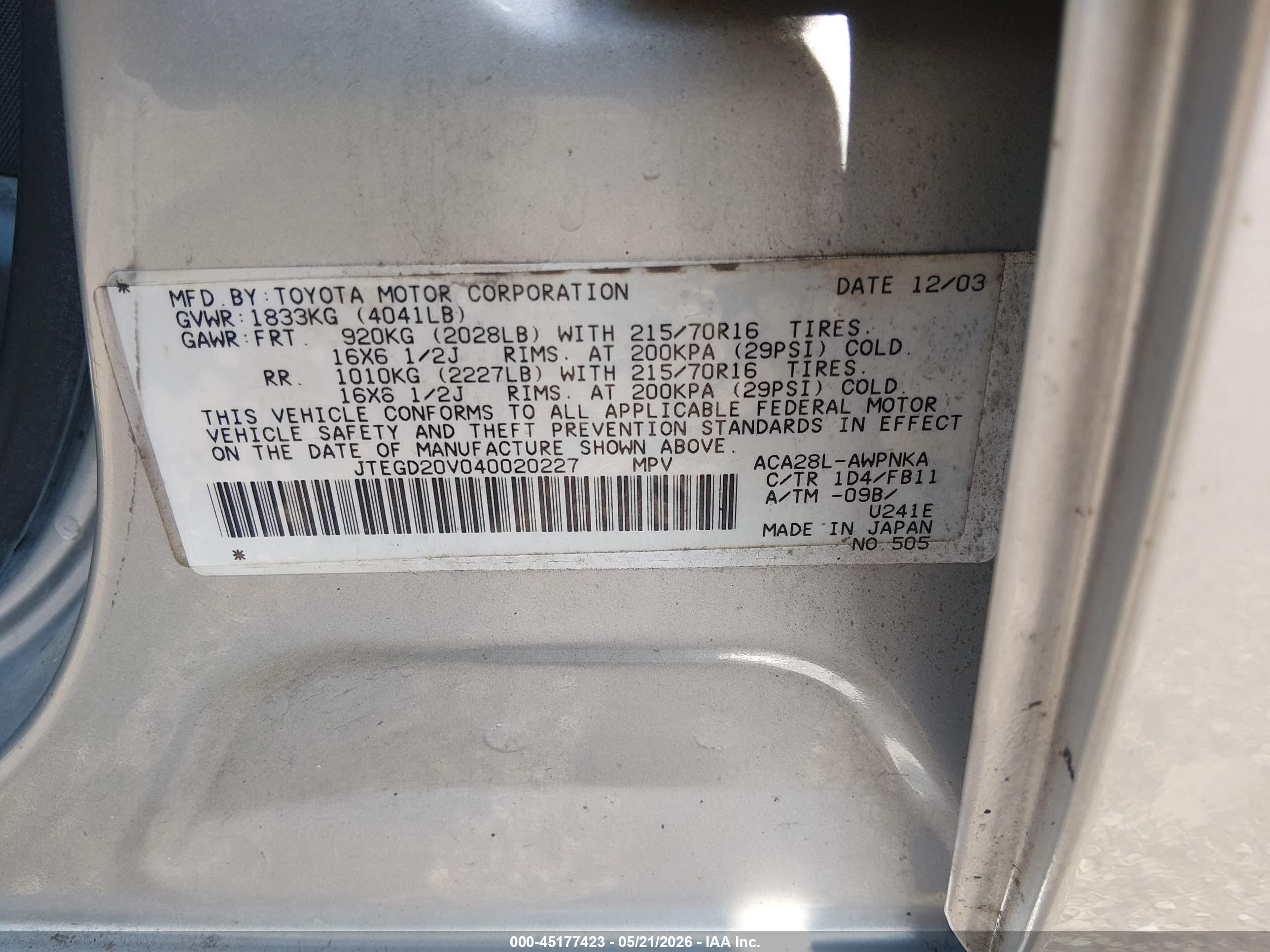 2004 Toyota Rav4   Silver vin: JTEGD20V040020227