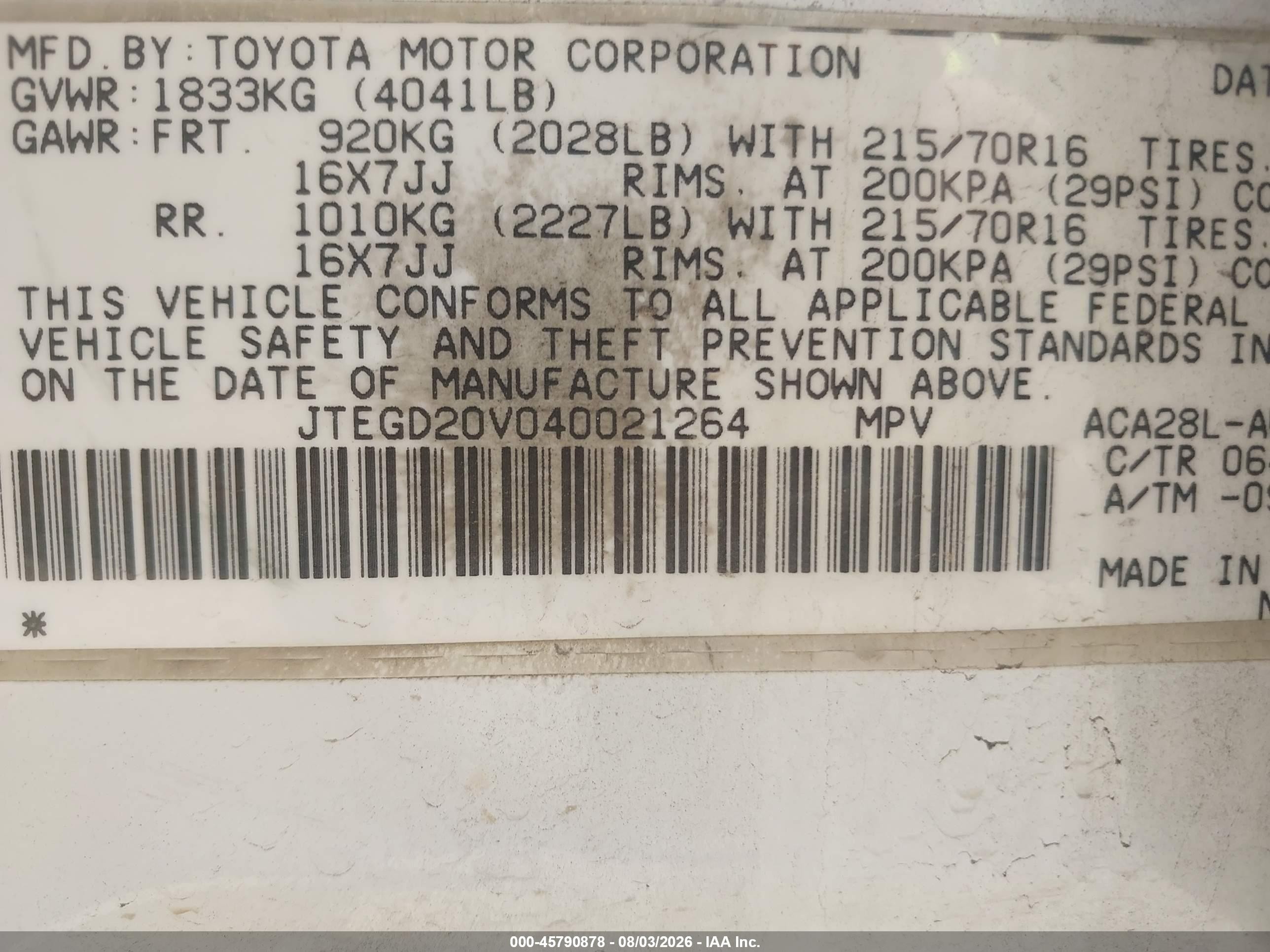2004 Toyota Rav4 White vin: JTEGD20V040021264