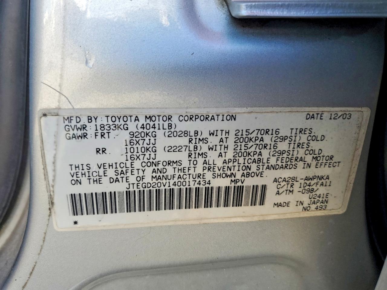 2004 Toyota Rav4 Base Silver vin: JTEGD20V140017434