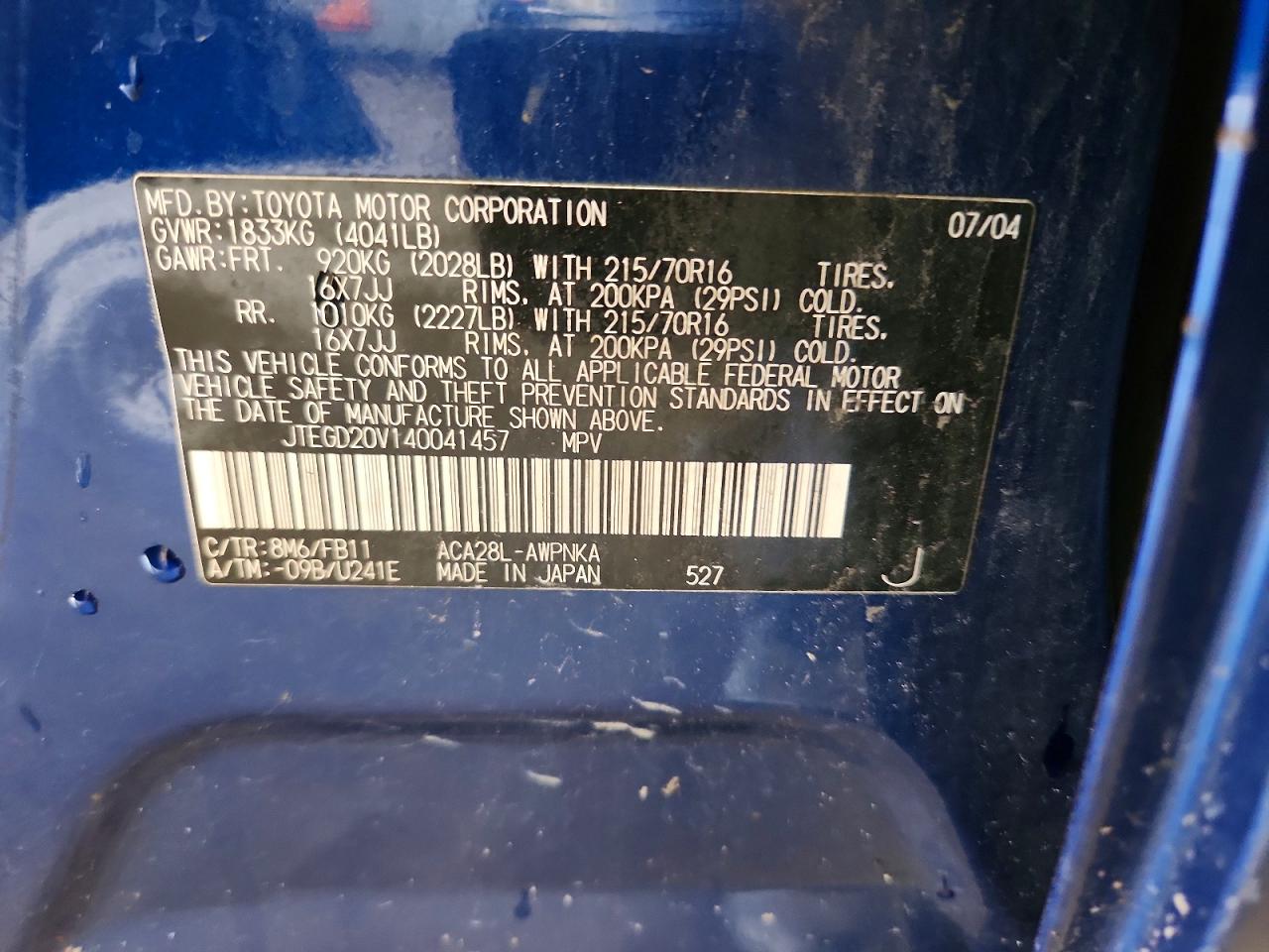 2004 Toyota Rav4 Base Blue vin: JTEGD20V140041457