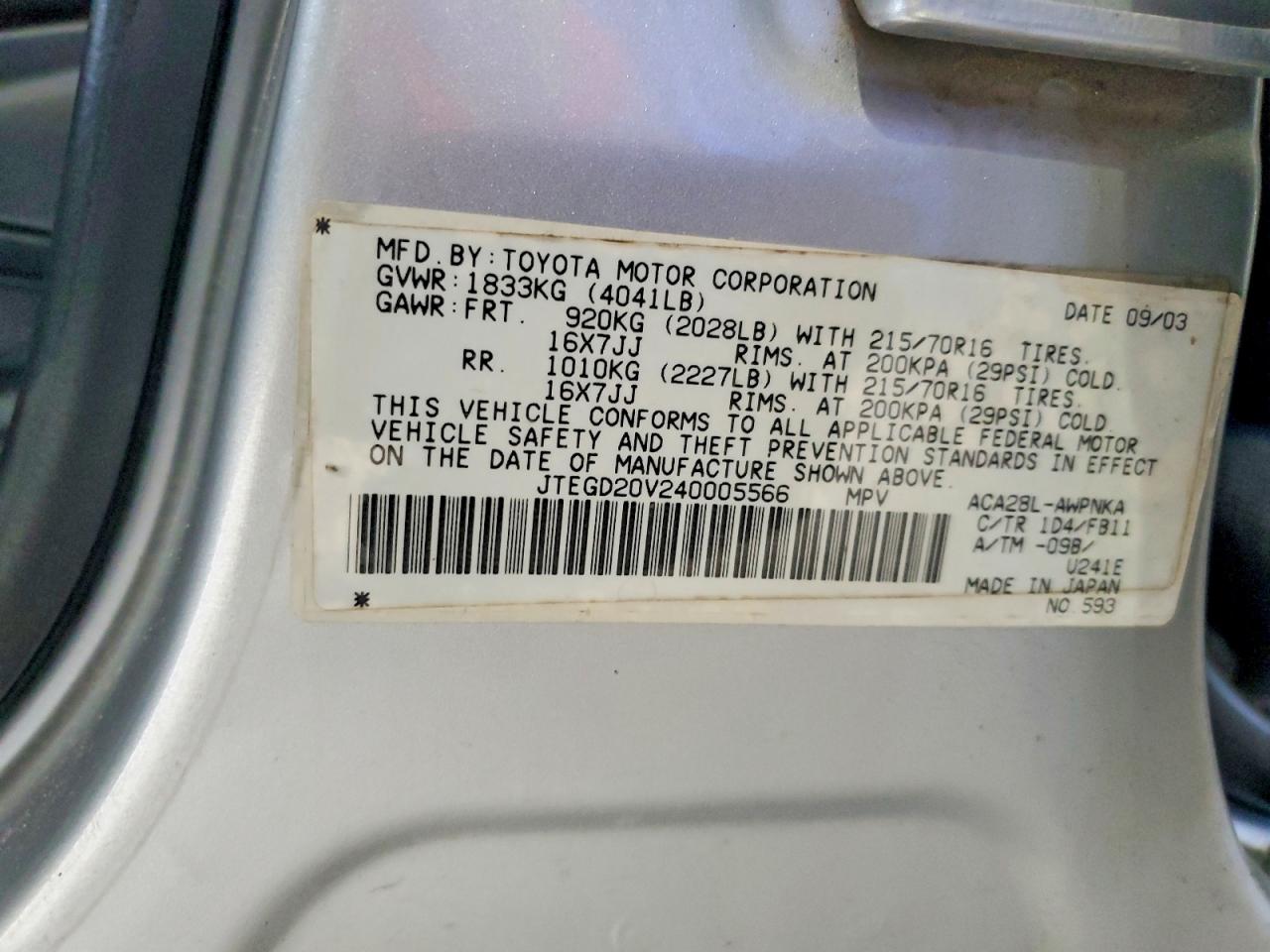 2004 Toyota Rav4 Base Silver vin: JTEGD20V240005566