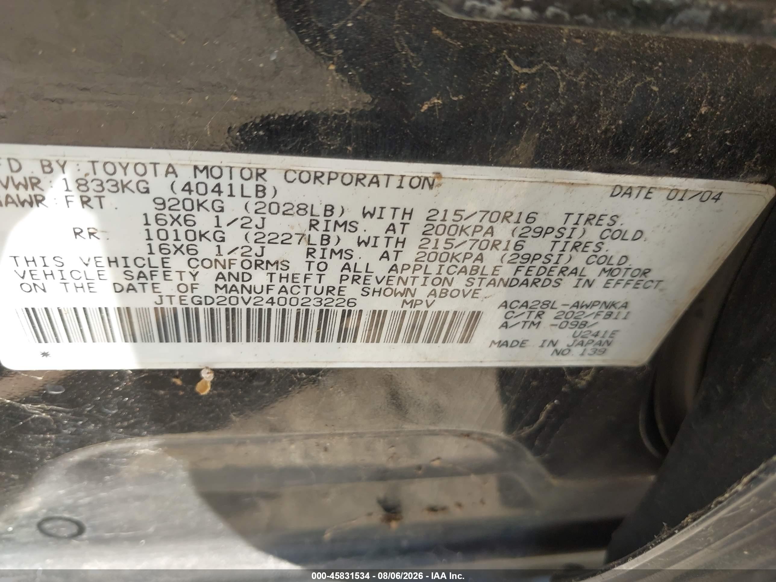 2004 Toyota Rav4   Black vin: JTEGD20V240023226
