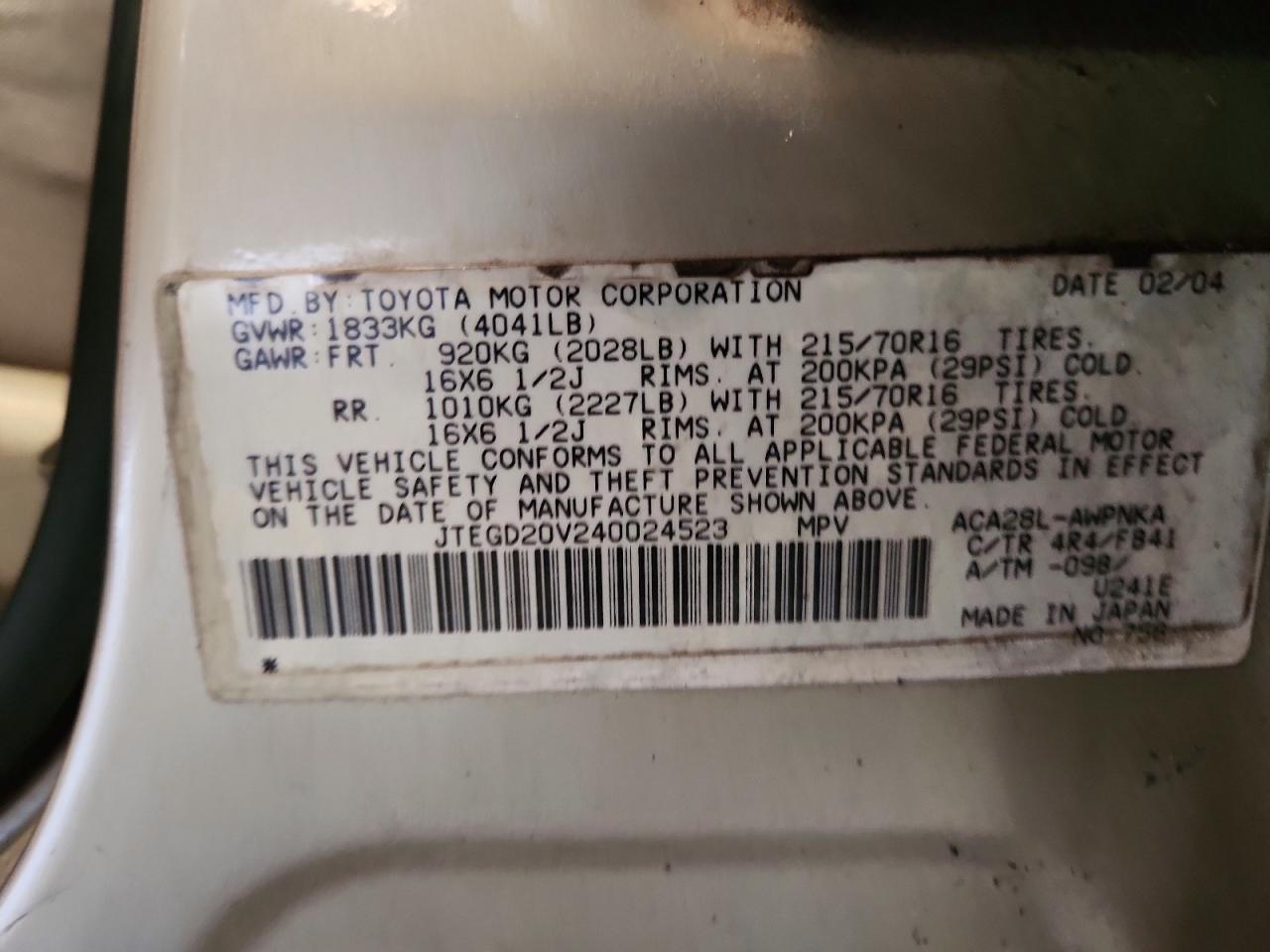 2004 Toyota Rav4 Base Gold vin: JTEGD20V240024523