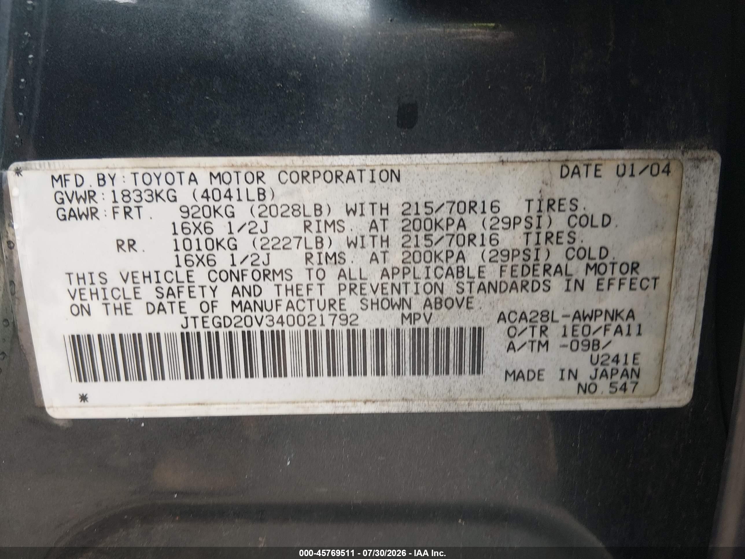2004 Toyota Rav4   Gray vin: JTEGD20V340021792