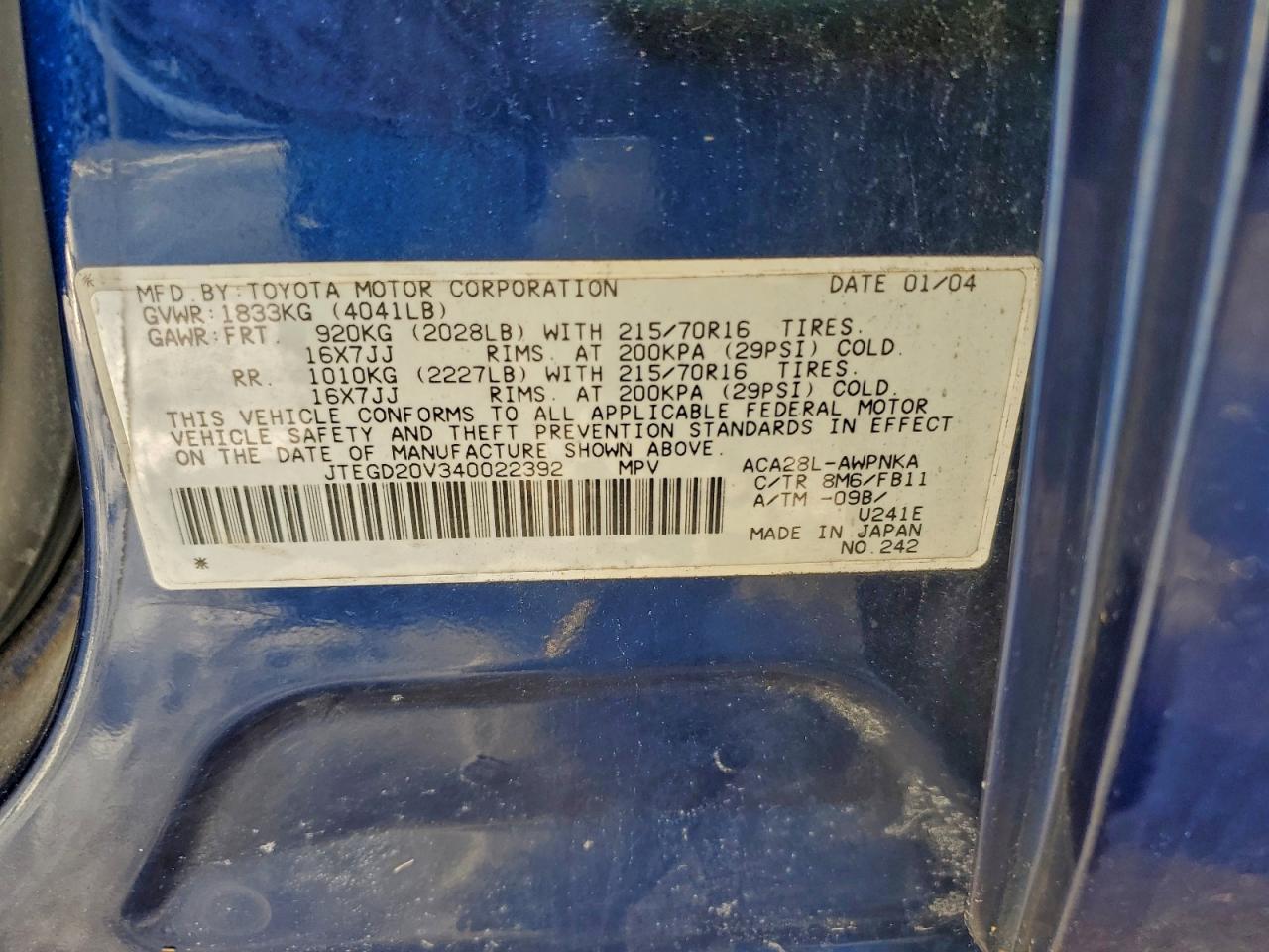 2004 Toyota Rav4 Blue vin: JTEGD20V340022392