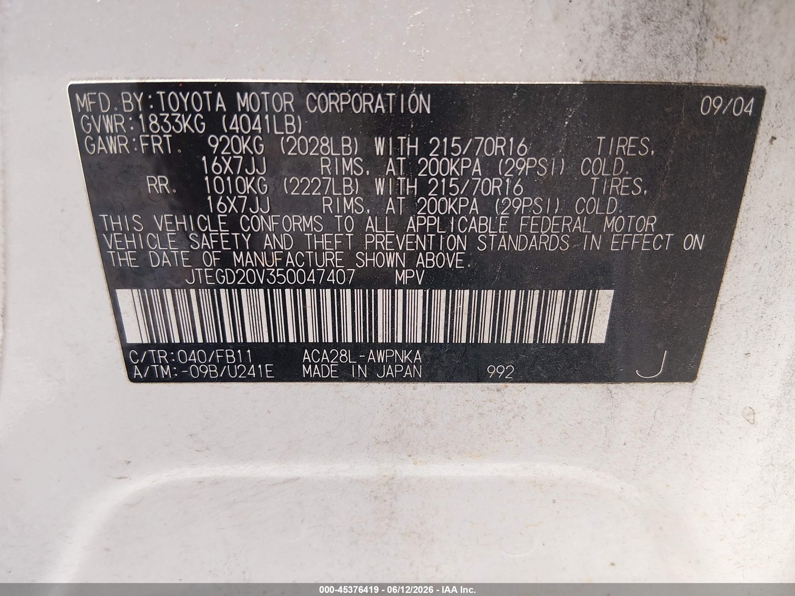 2005 Toyota Rav4   White vin: JTEGD20V350047407