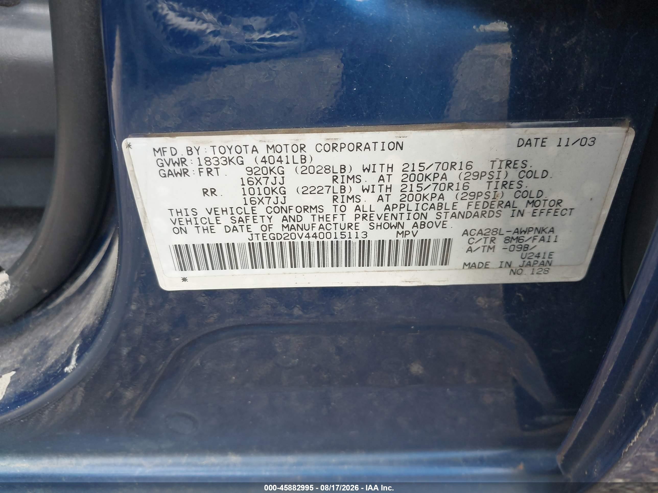 2004 Toyota Rav4   Blue vin: JTEGD20V440015113