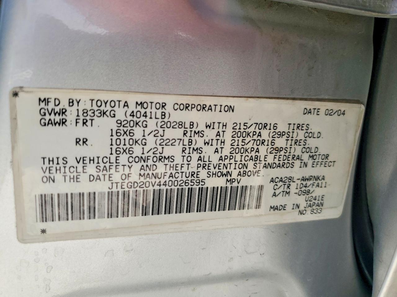 2004 Toyota Rav4 Base Silver vin: JTEGD20V440026595