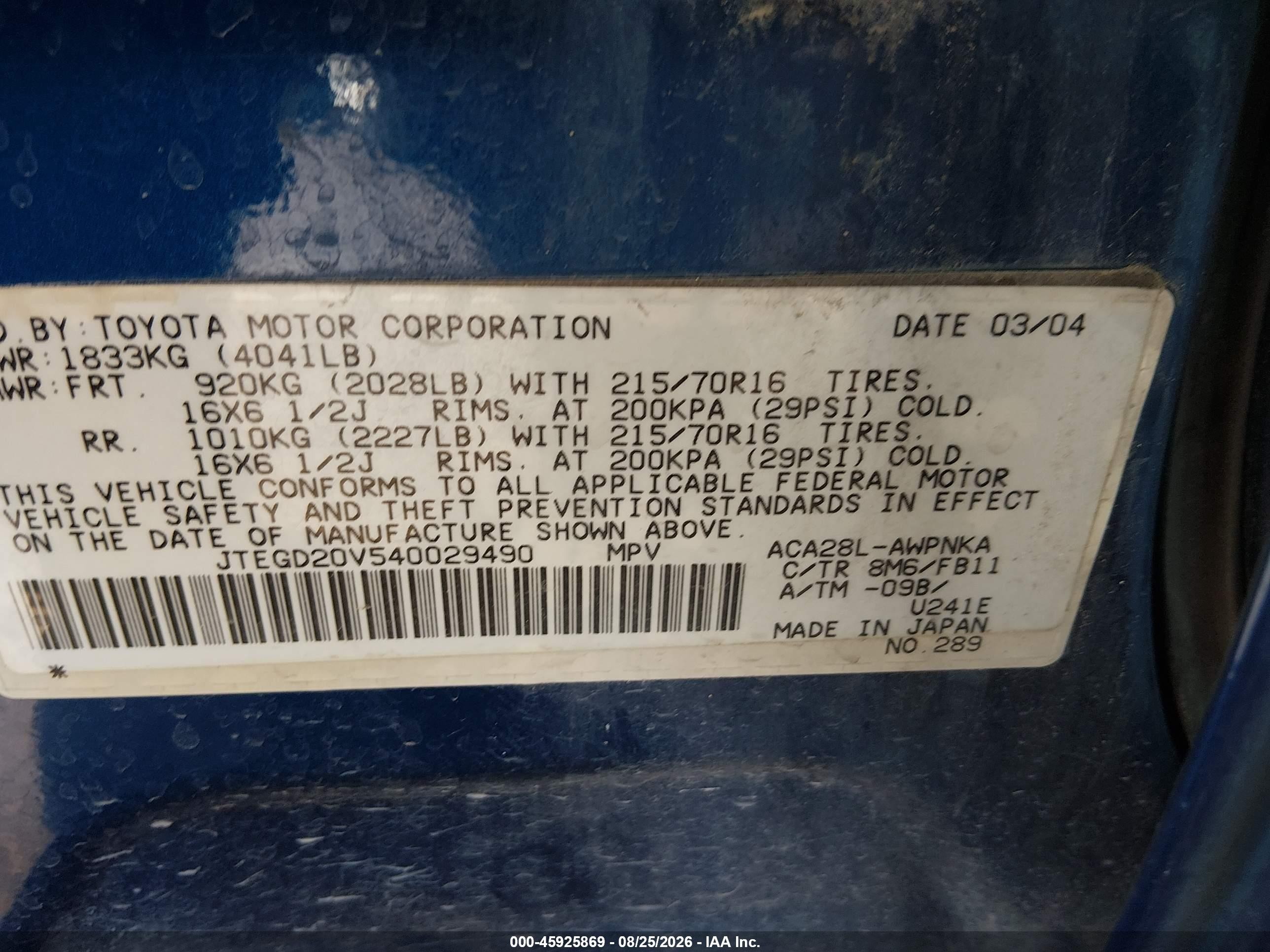 2004 Toyota Rav4   Blue vin: JTEGD20V540029490