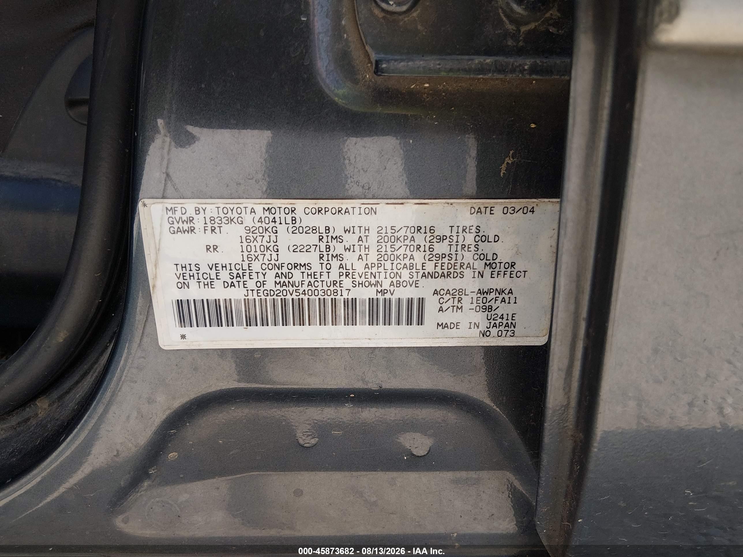 2004 Toyota Rav4   Black vin: JTEGD20V540030817